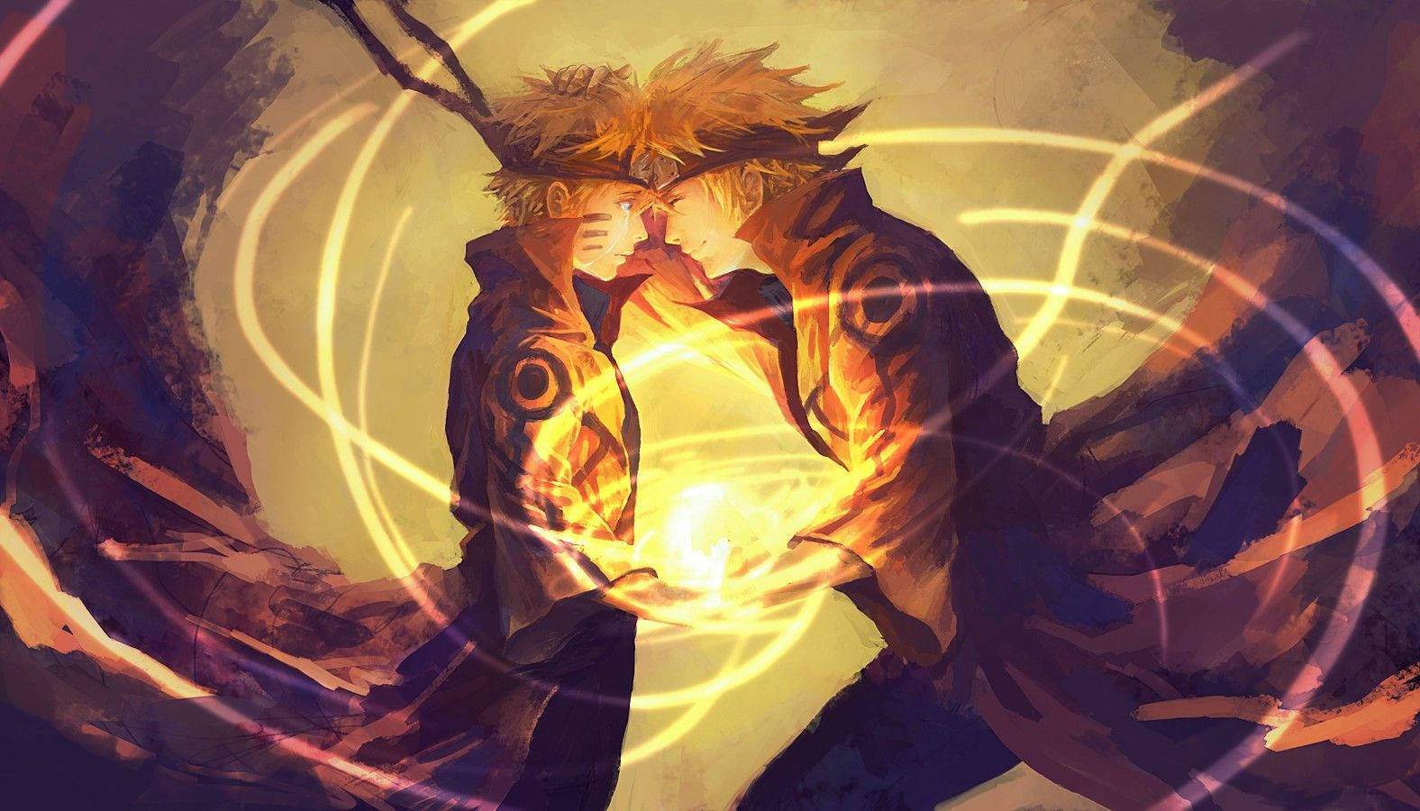 Yellow Backdrop Old And Young Naruto With Rasengan Background