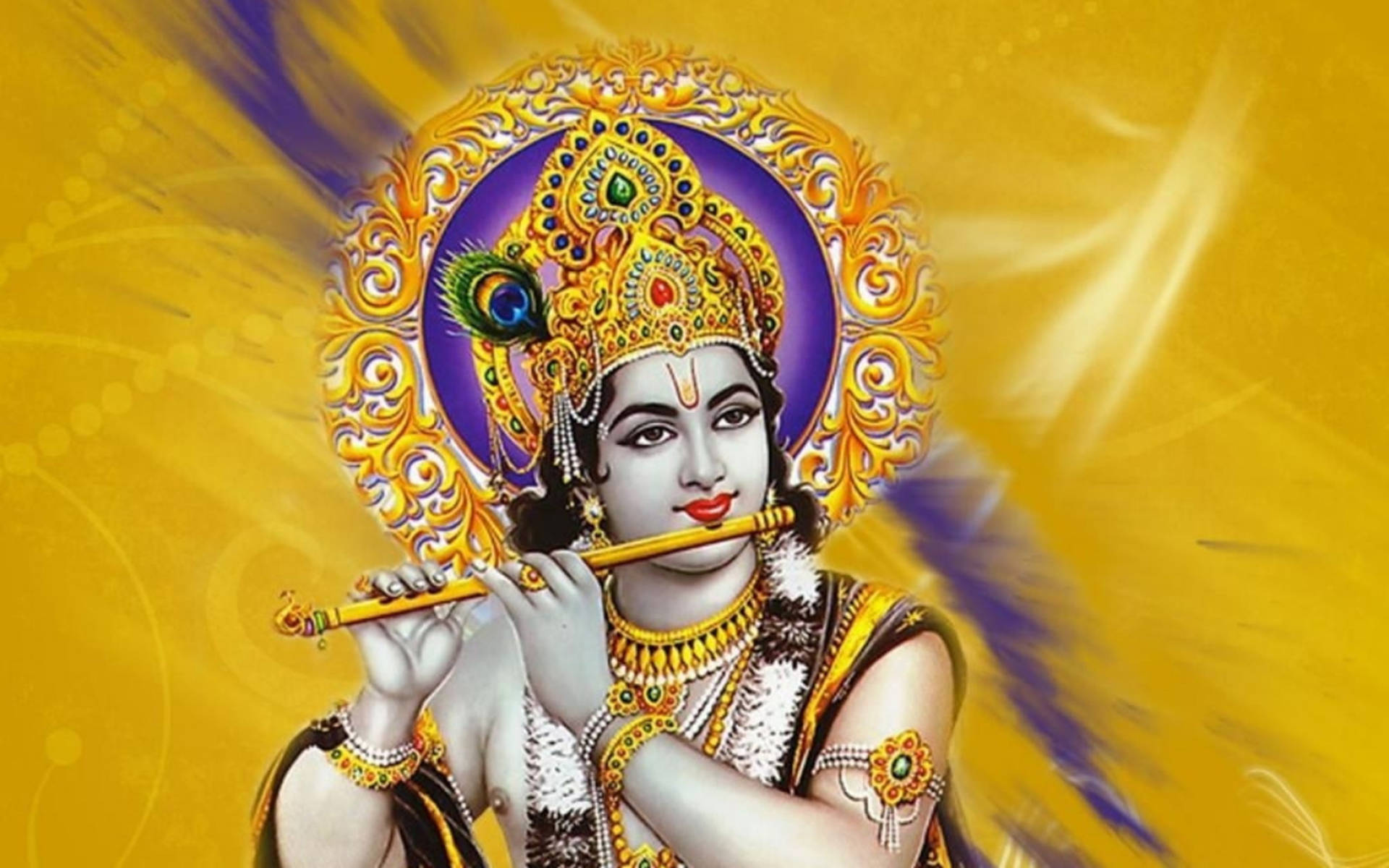 Yellow Based Krishna With Flute Background