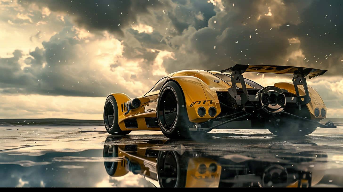 Yellow Can Am Racecar Stormy Backdrop Background