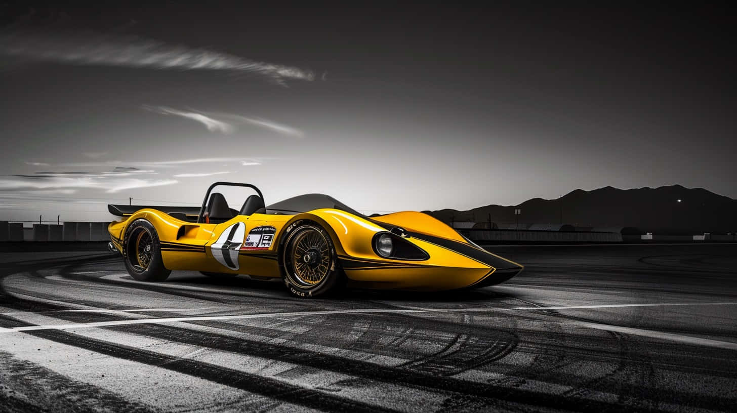 Yellow Can Am Racecar Track Sunset Background