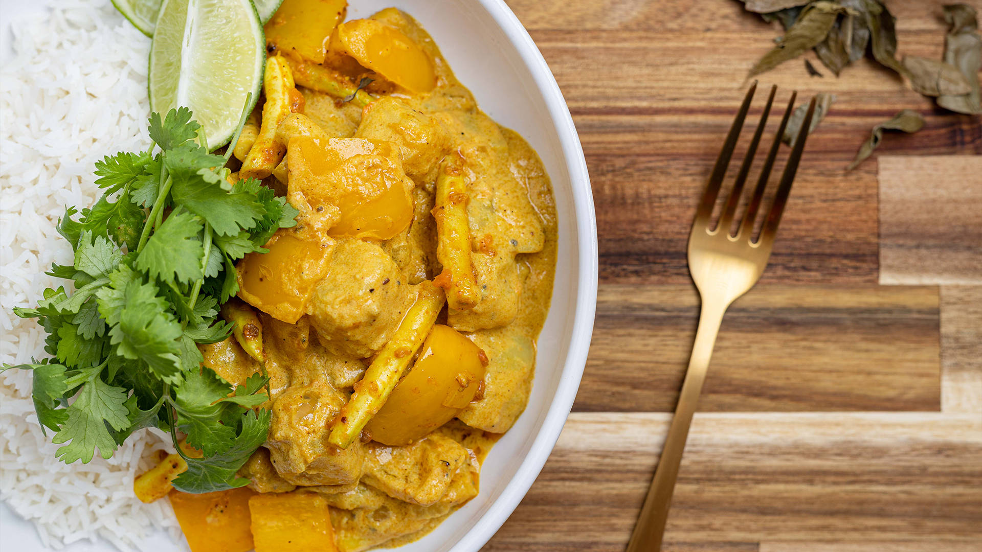 Yellow Curry And Rice Flat Lay Shot