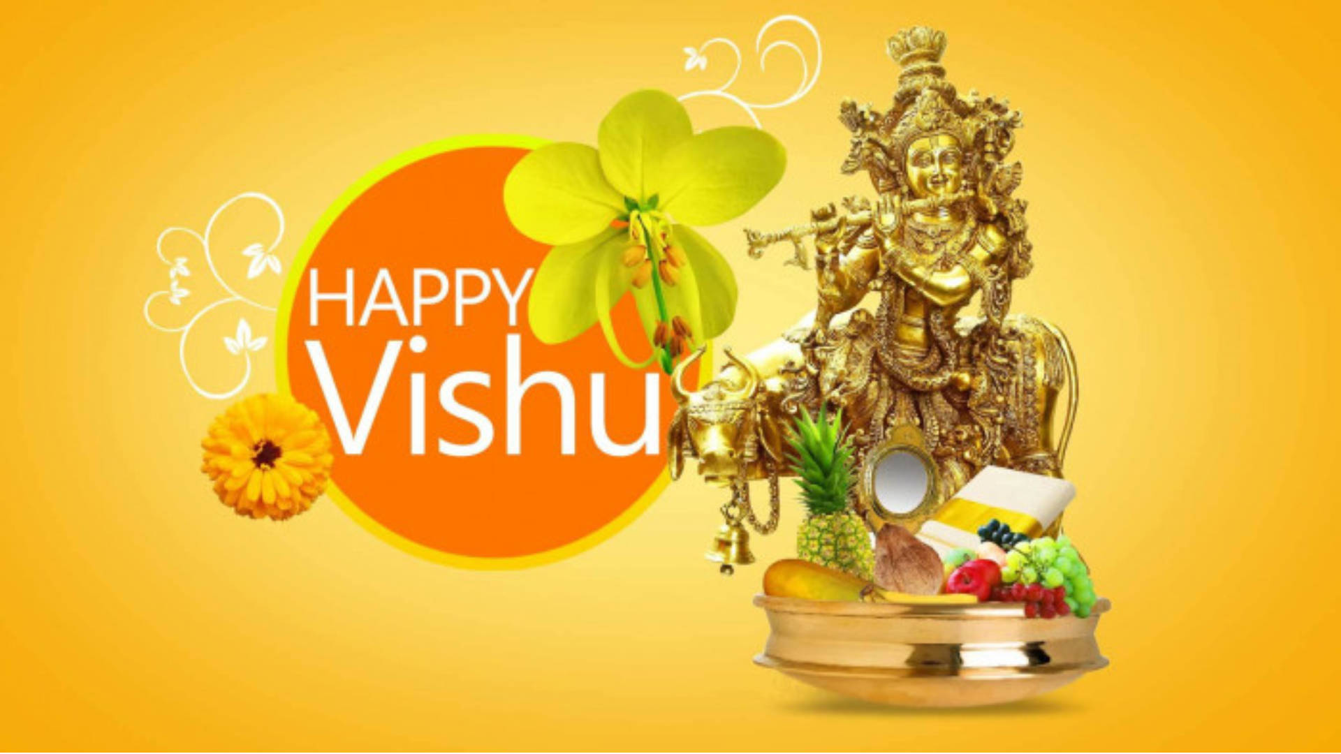 Yellow Flowers On Happy Vishu Greeting Background