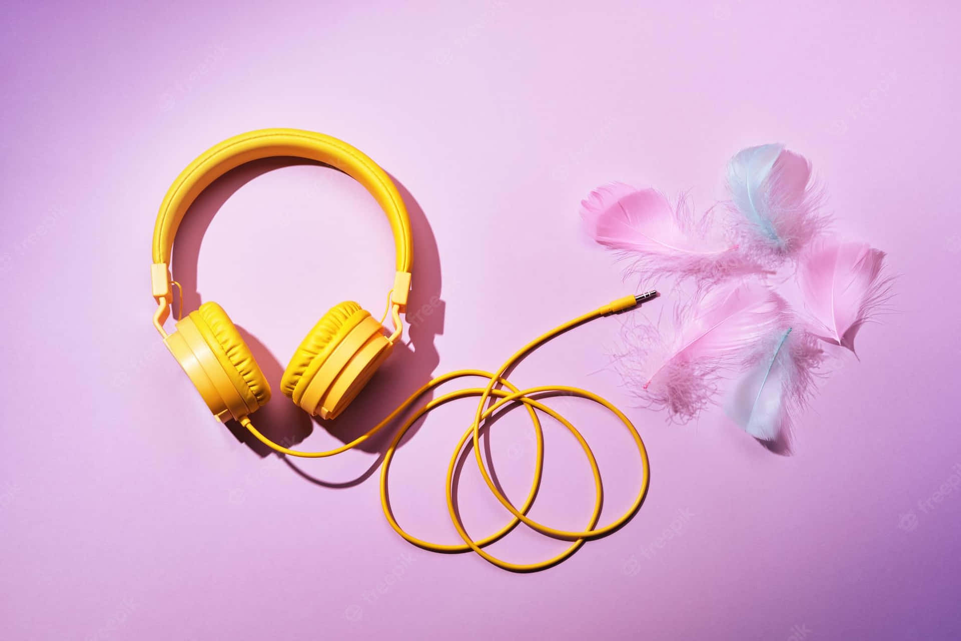 Yellow Headphones With Feathers On A Pink Background Background