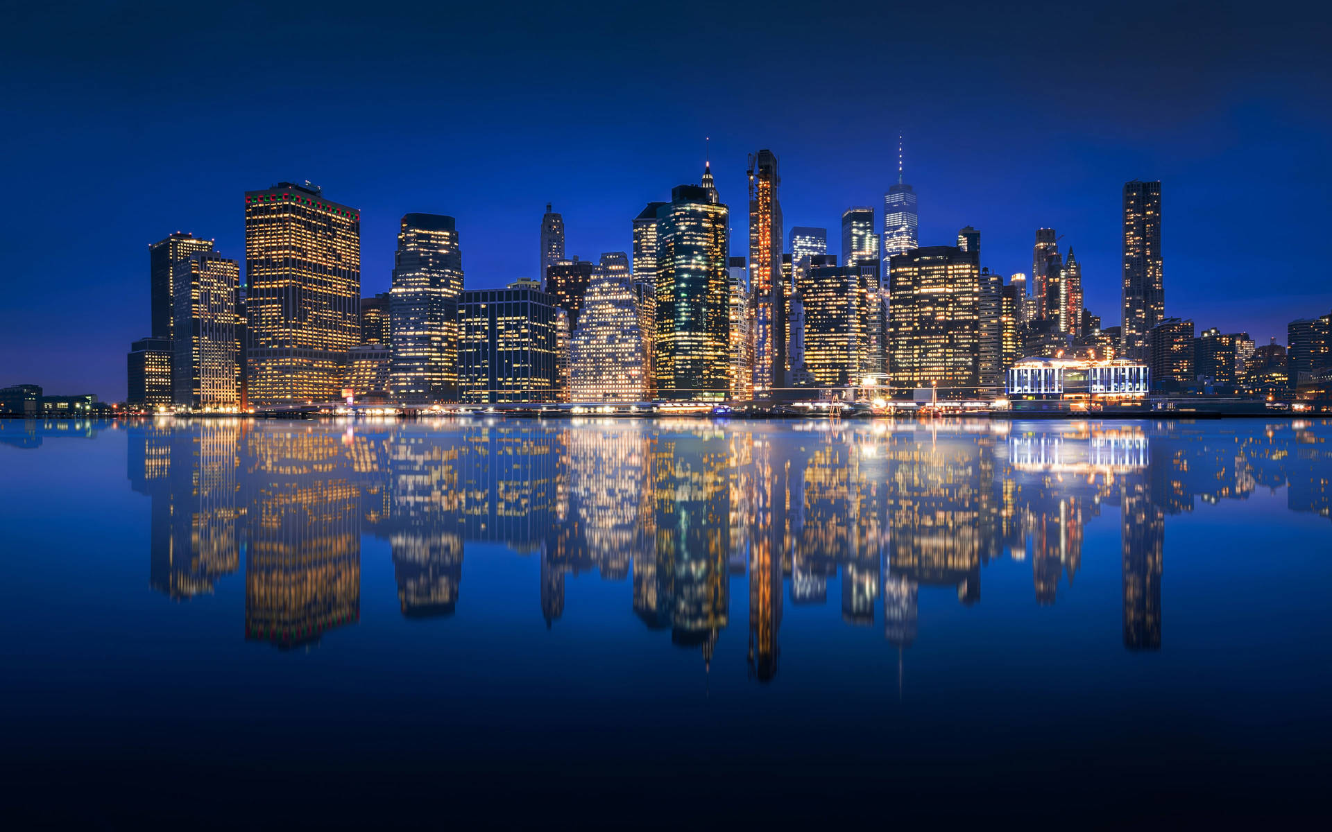 Yellow Lit Buildings Water Reflection New York 4k