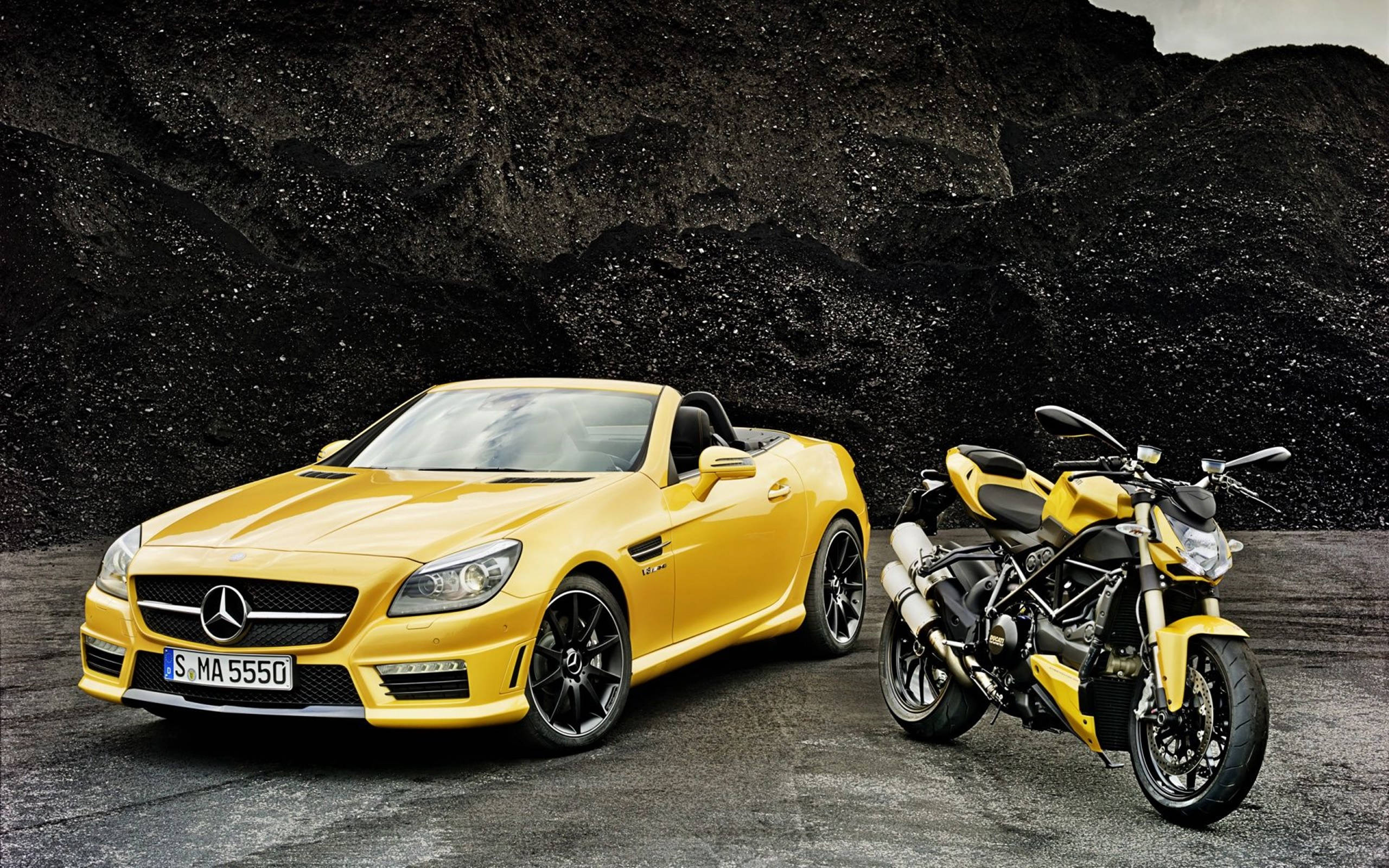 Yellow Mercedes-benz And Motorbike Hd