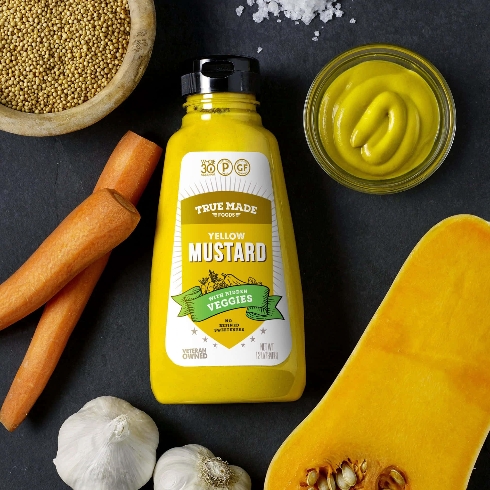 Yellow Mustard Bottleand Ingredients