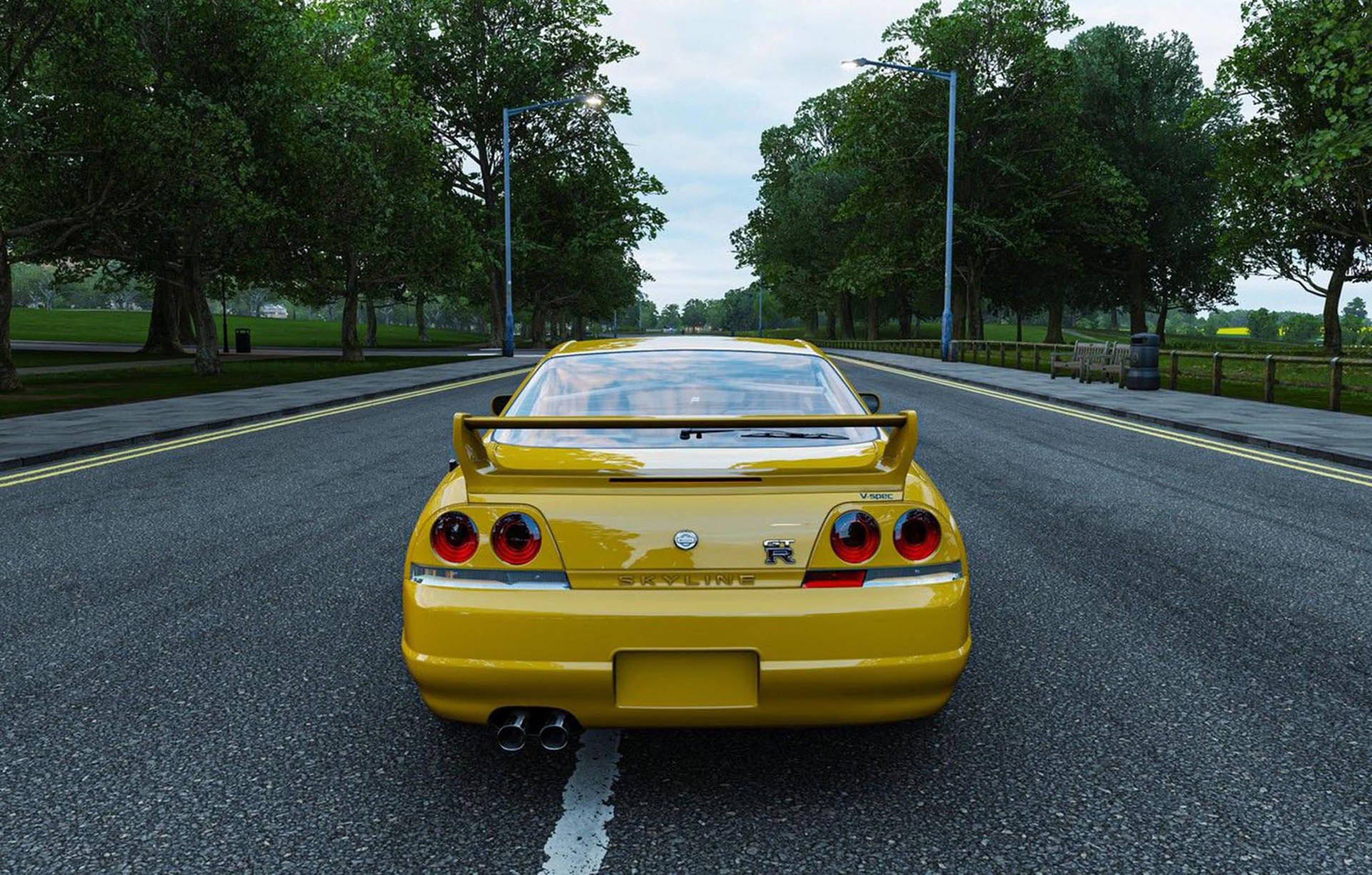 Yellow Nissan Skyline Gtr R33 Rear Background