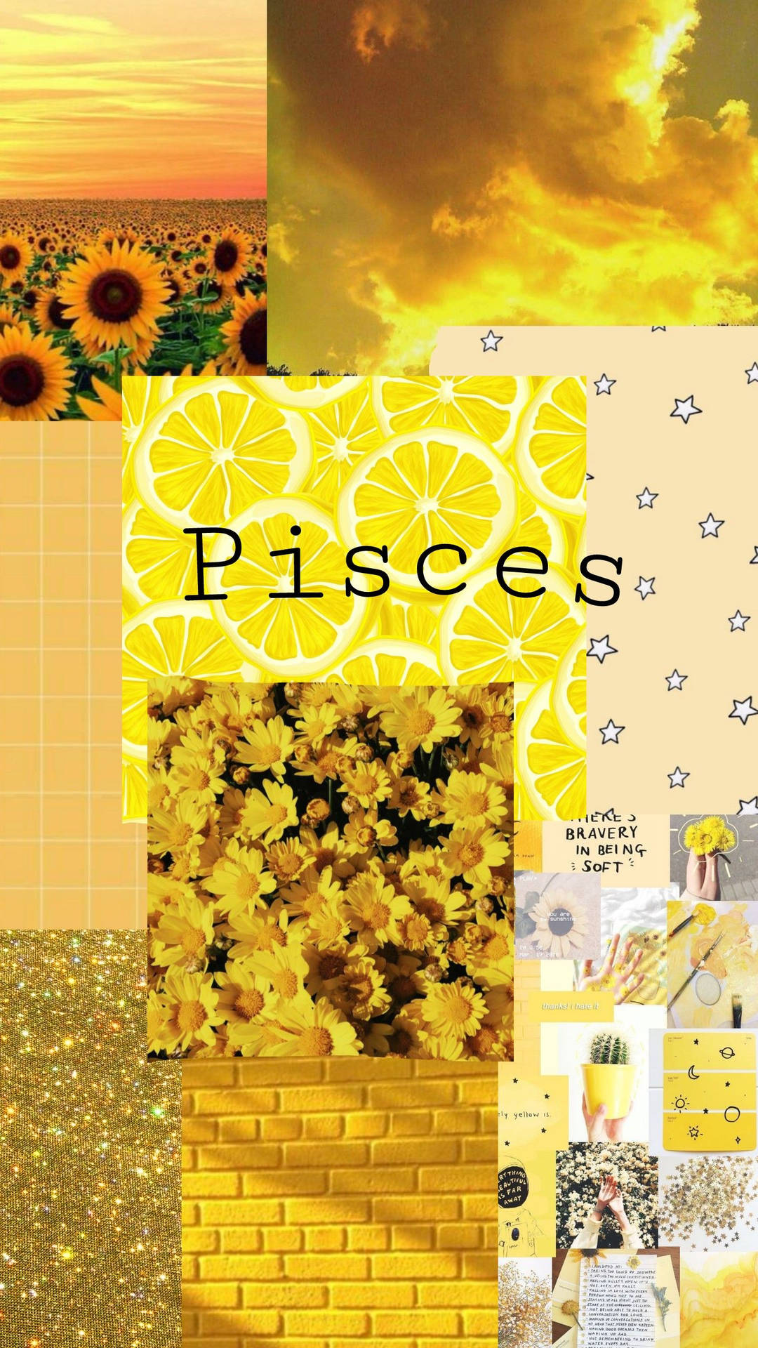 Yellow Pisces Zodiac Collage Background