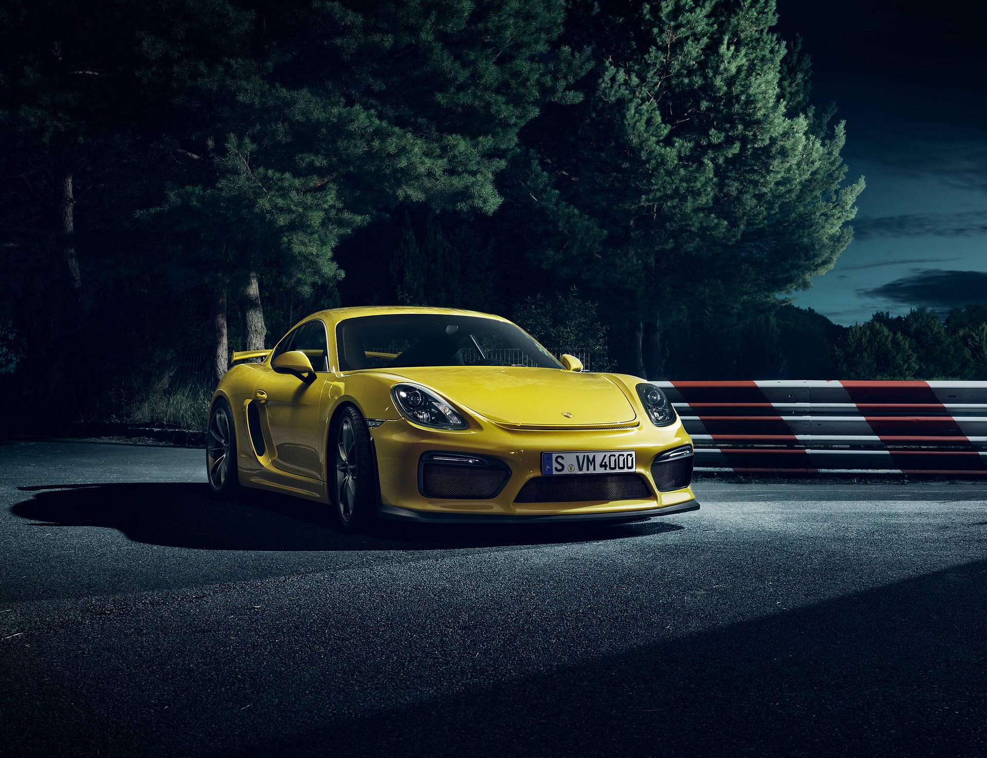 Yellow Porsche Cayman Night Shot Background