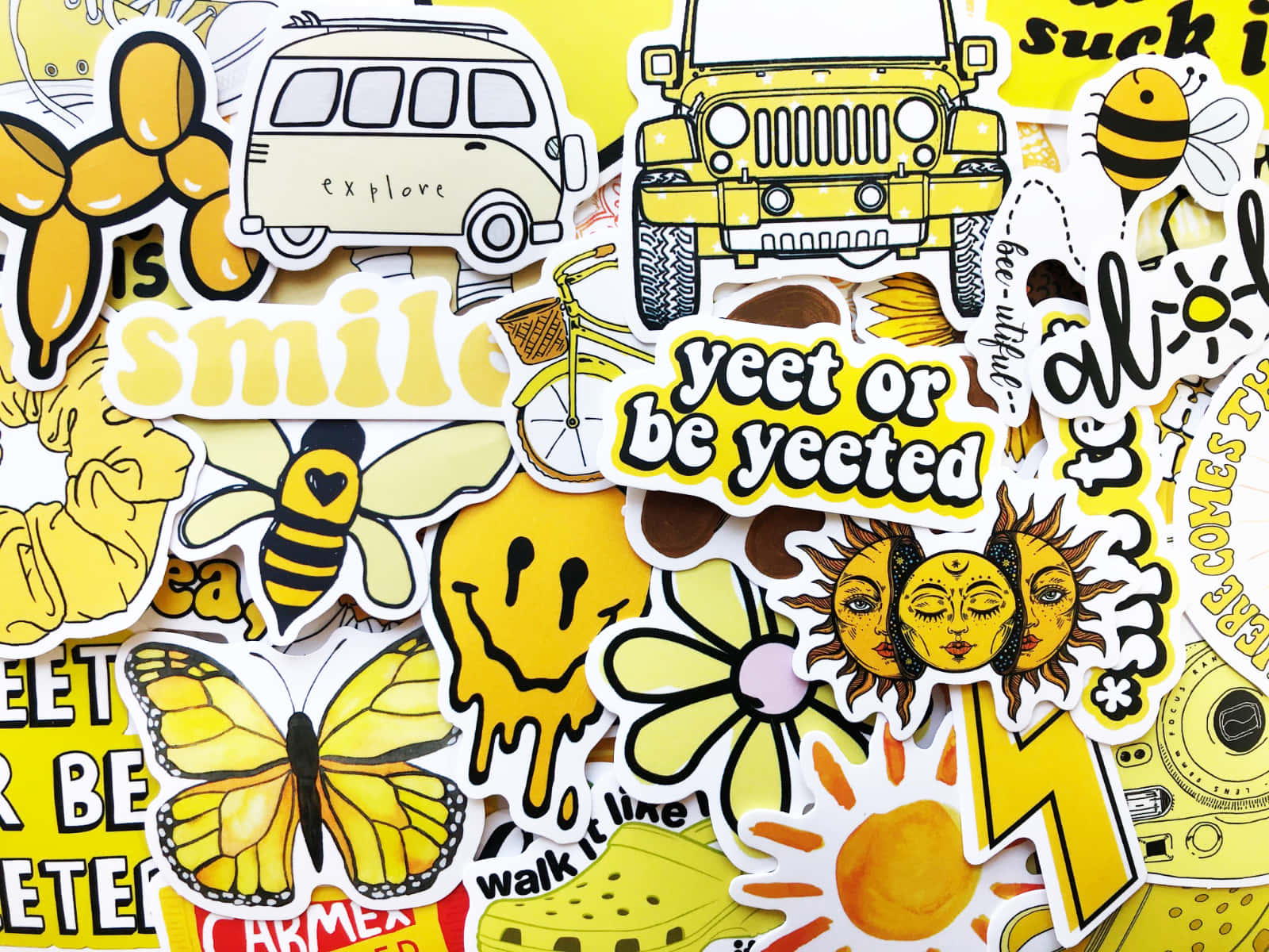 Yellow Stickers With A Yellow Car And A Yellow Truck Background