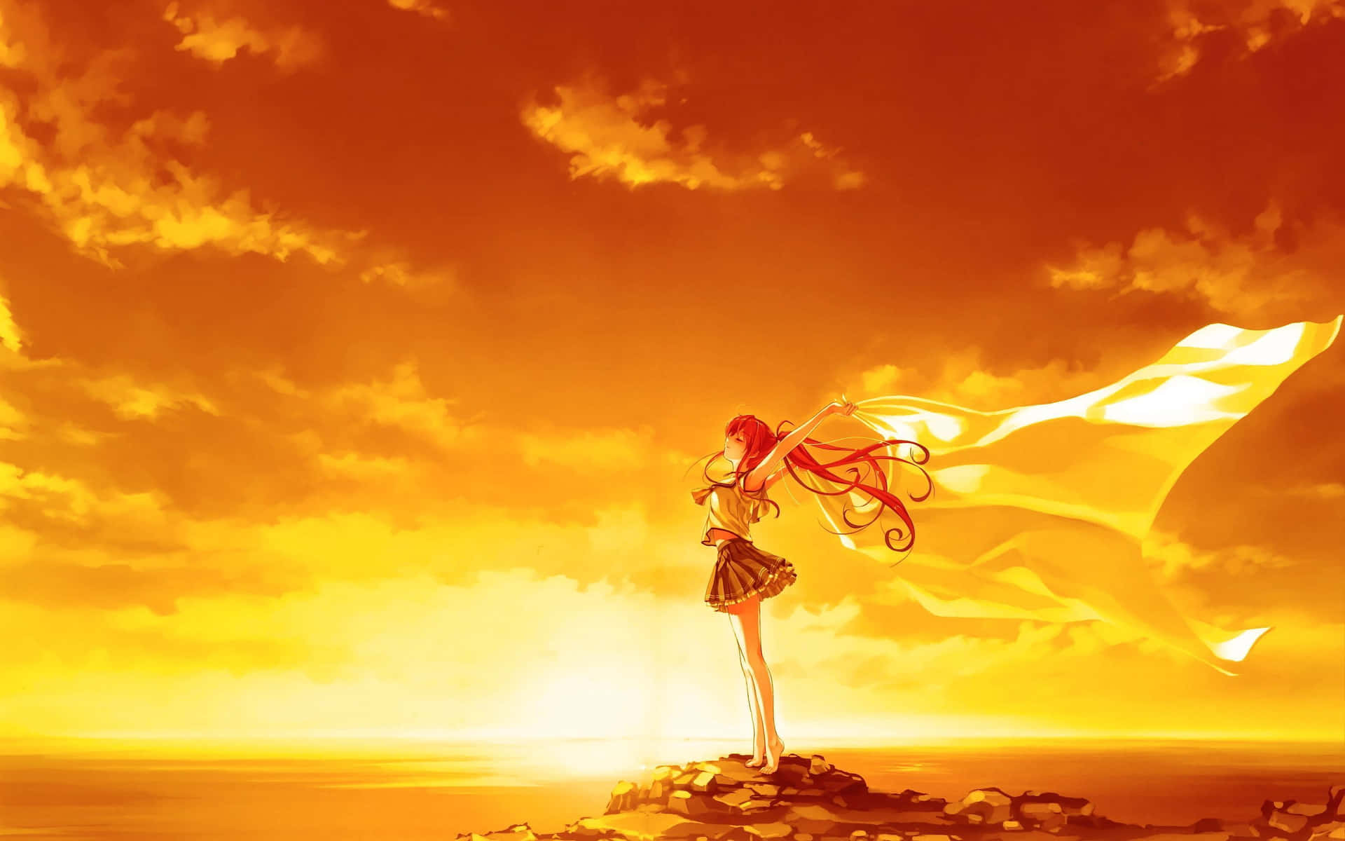 Yellow Sunset Skies Anime Girl