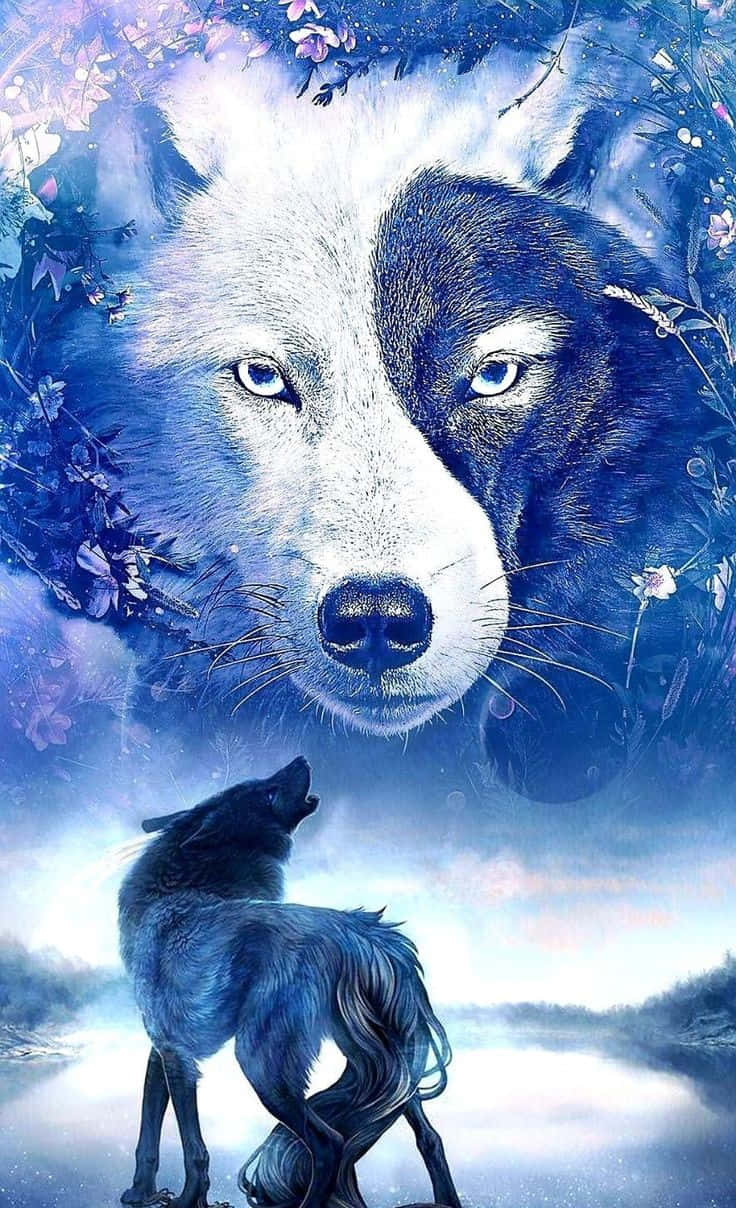 Yin Yang Cool Blue Wolf Graphic Art Background