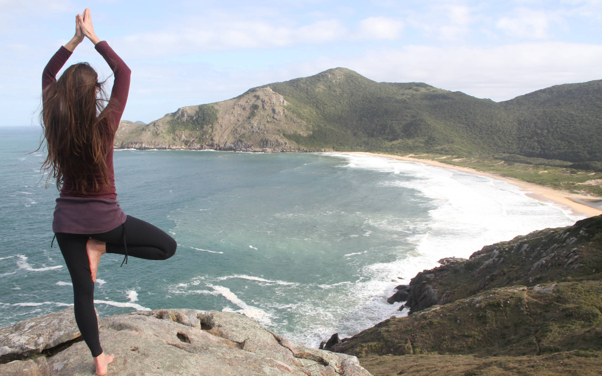 Yoga Girl With Beach Mountain View Background