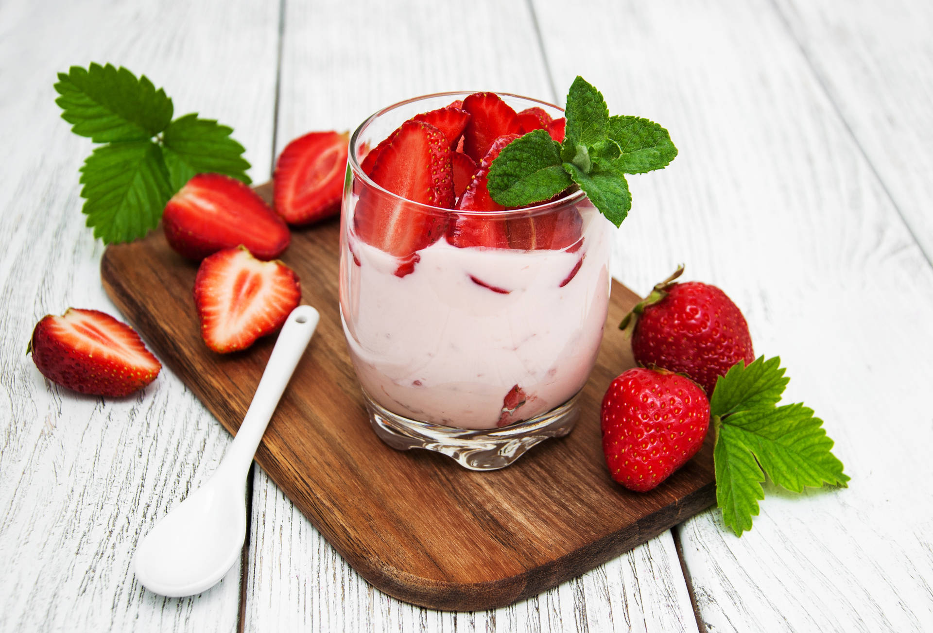 Yogurt Mint Leaves Strawberries Background