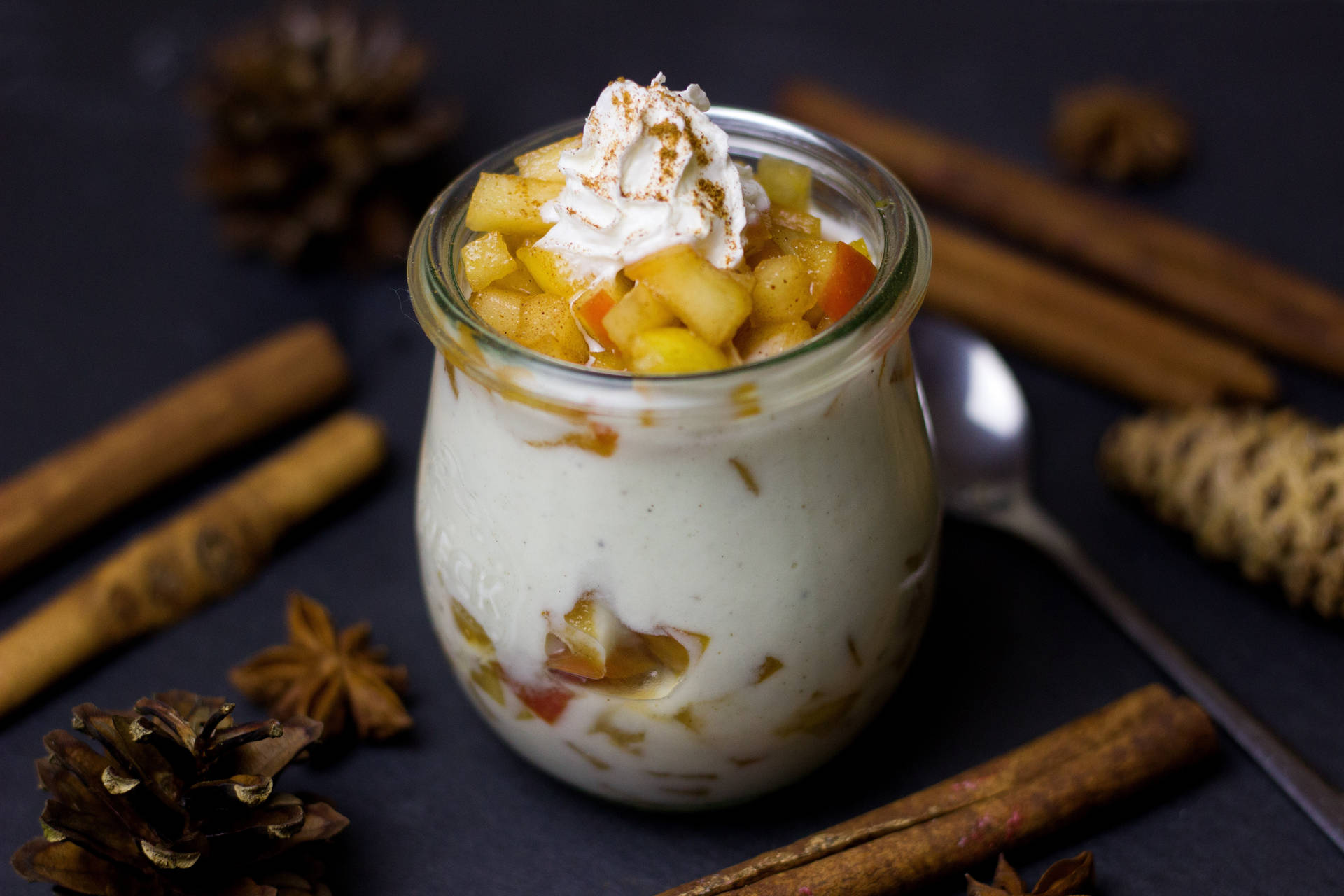 Yogurt With Peaches And Whipped Cream Background