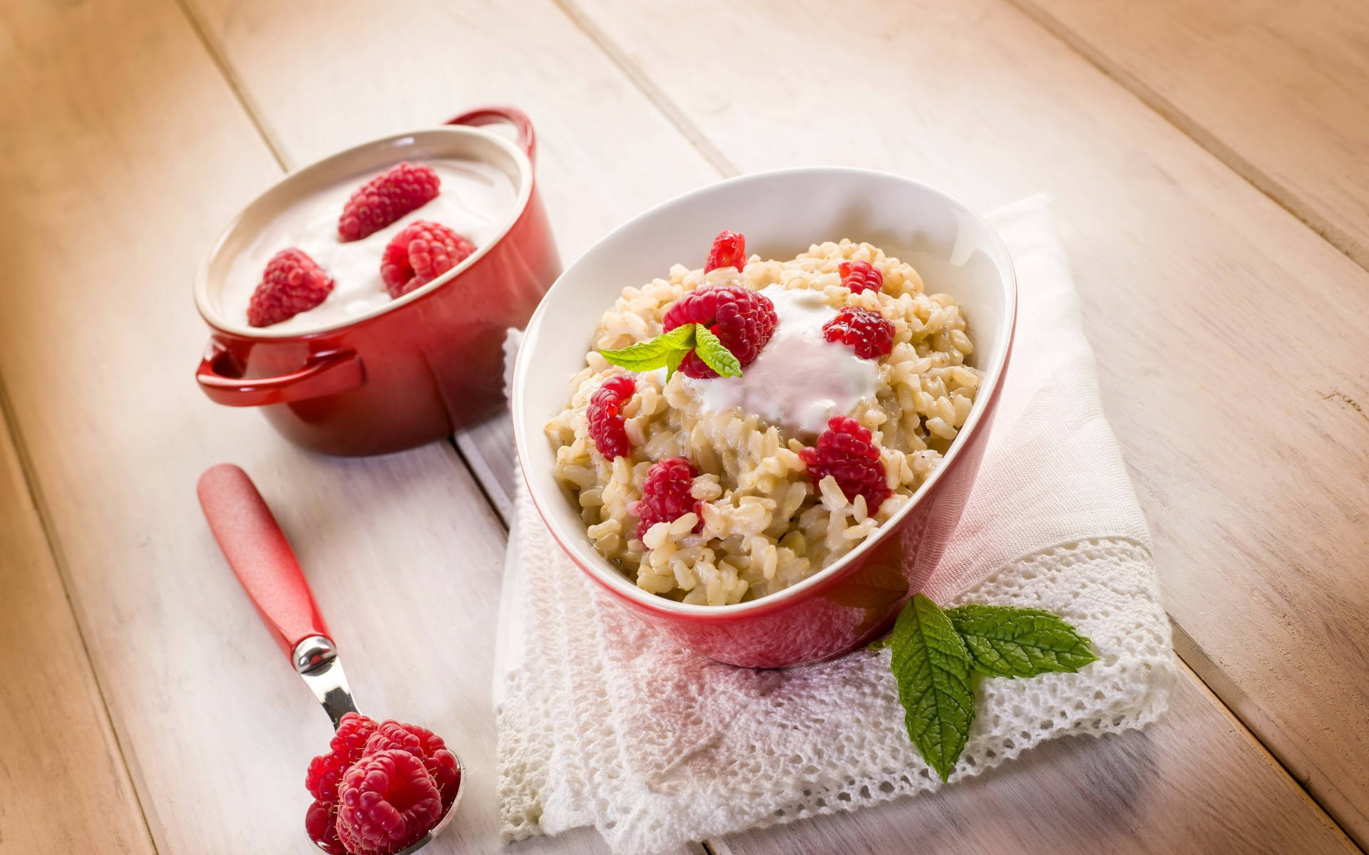 Yogurt With Raspberries And Rice Crispies Bowl Background