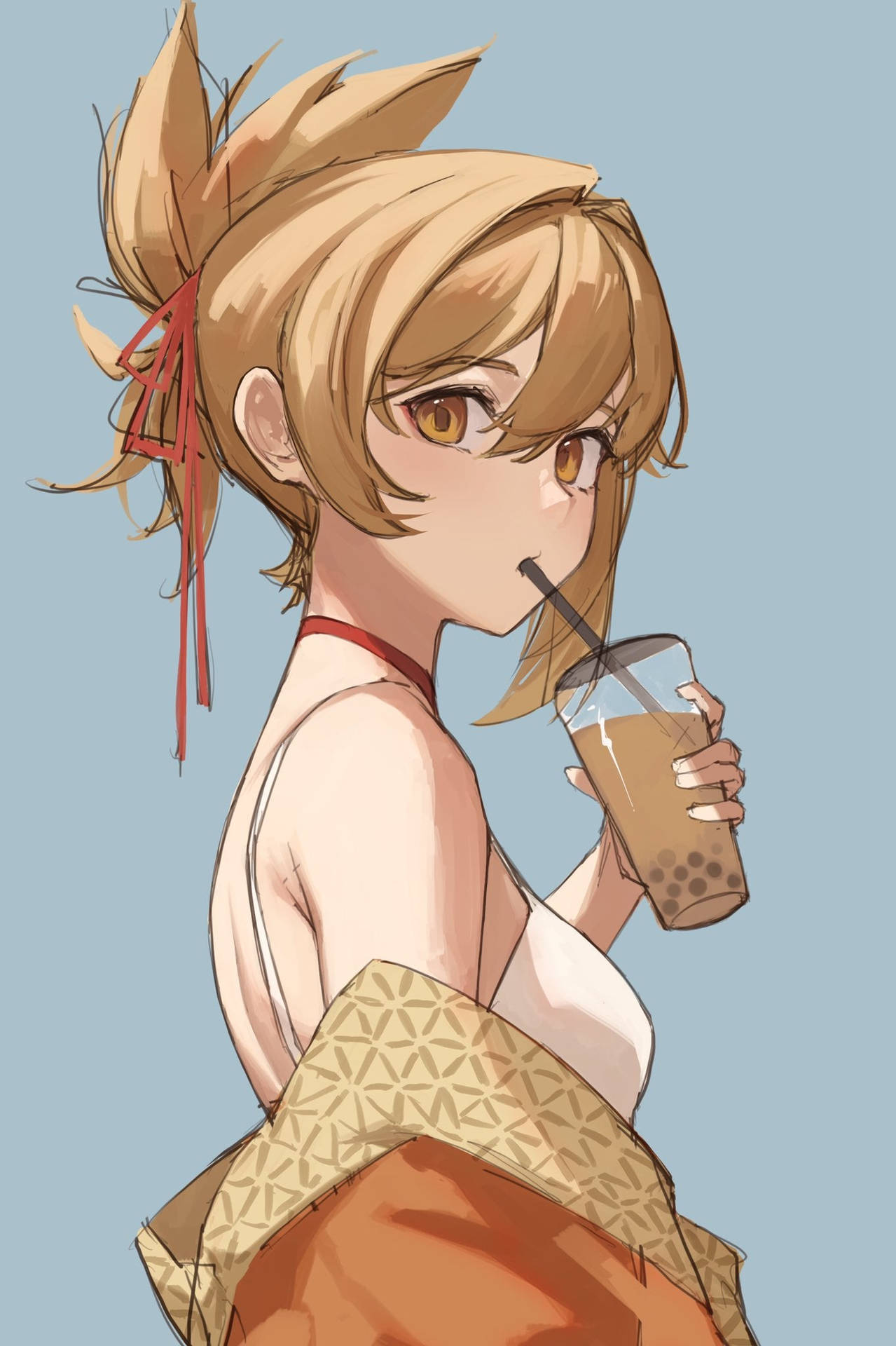 Yoimiya Drinking Bubble Tea Background