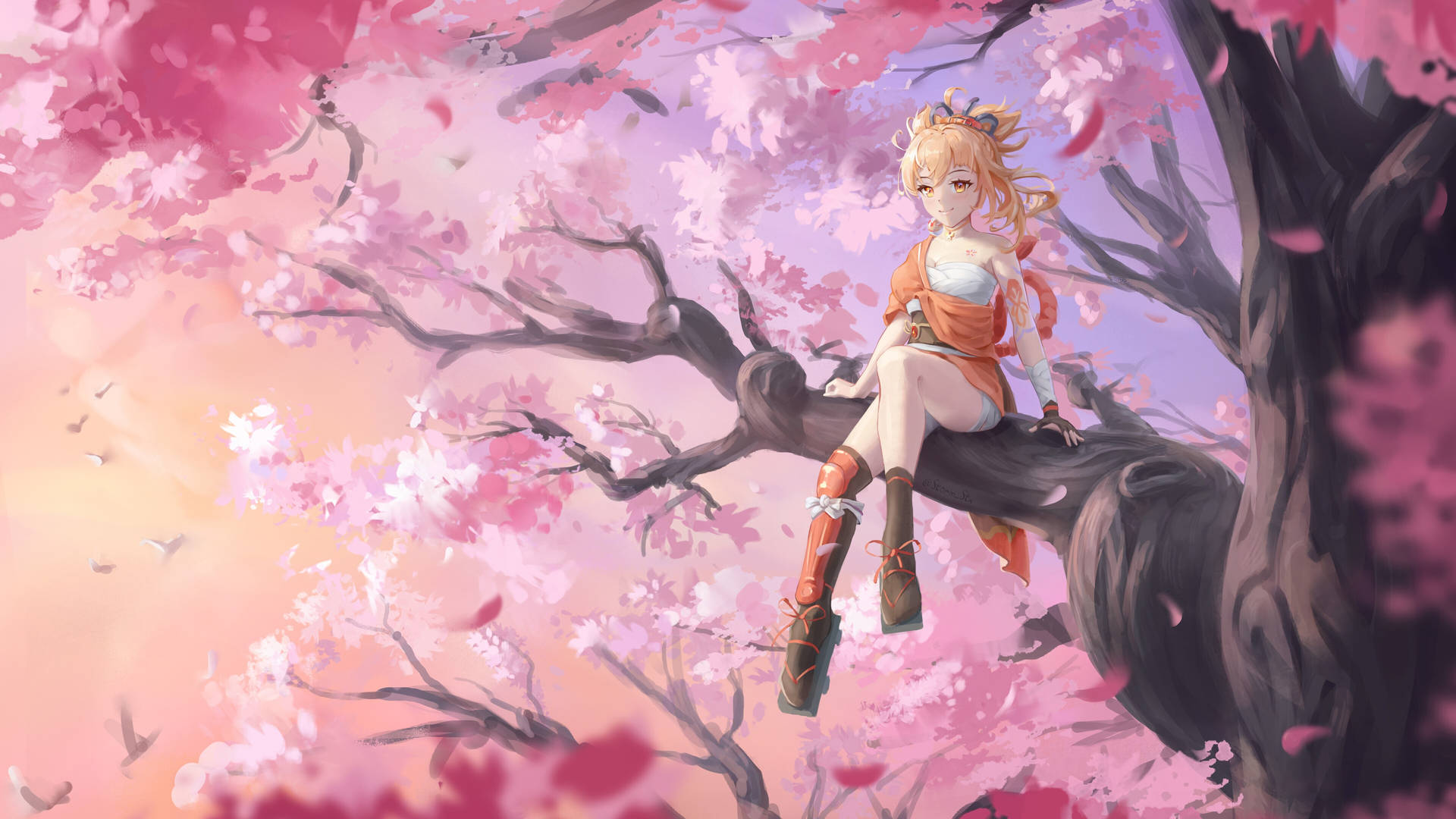 Yoimiya Sitting On Tree Background