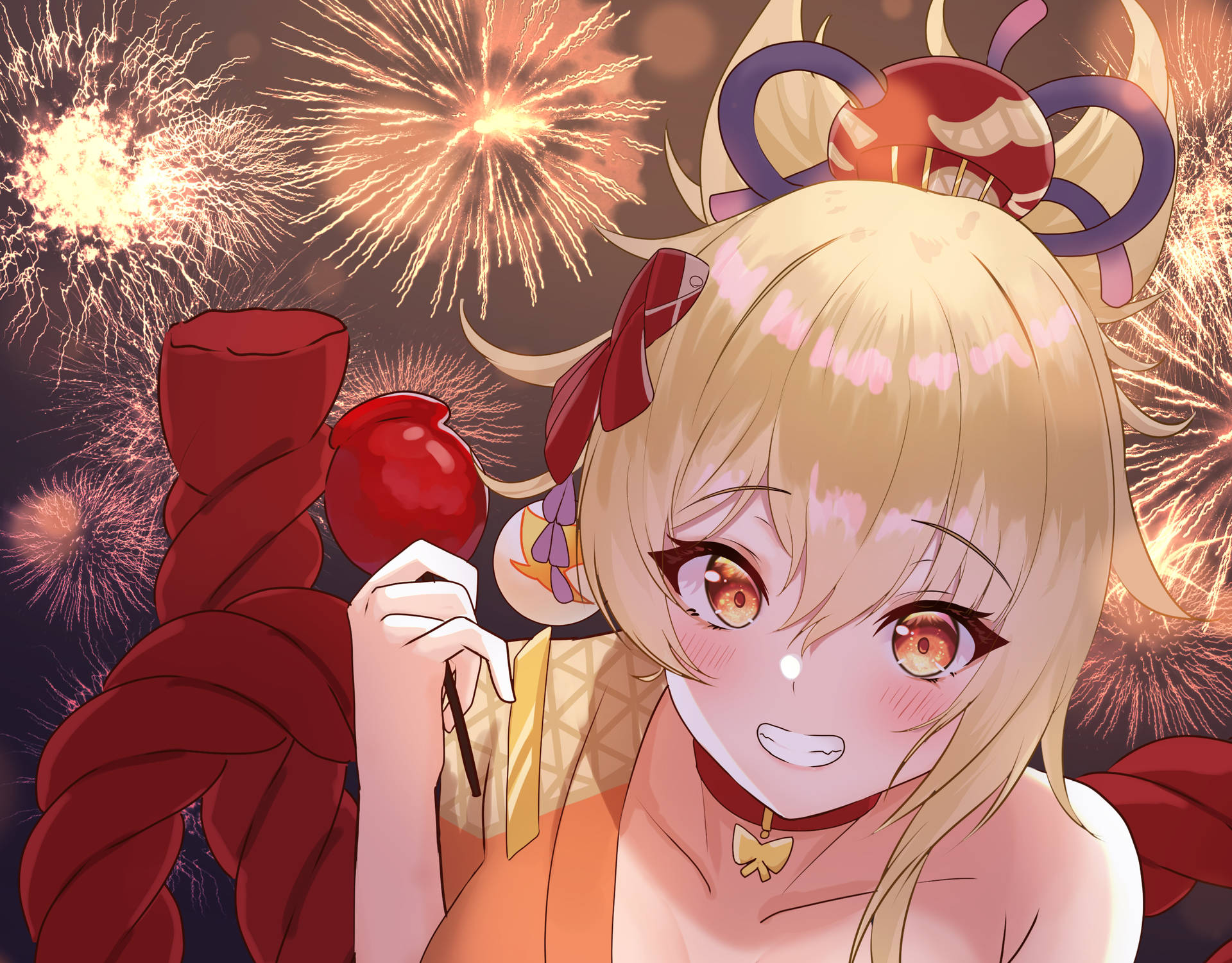 Yoimiya Smiling With Fireworks Background