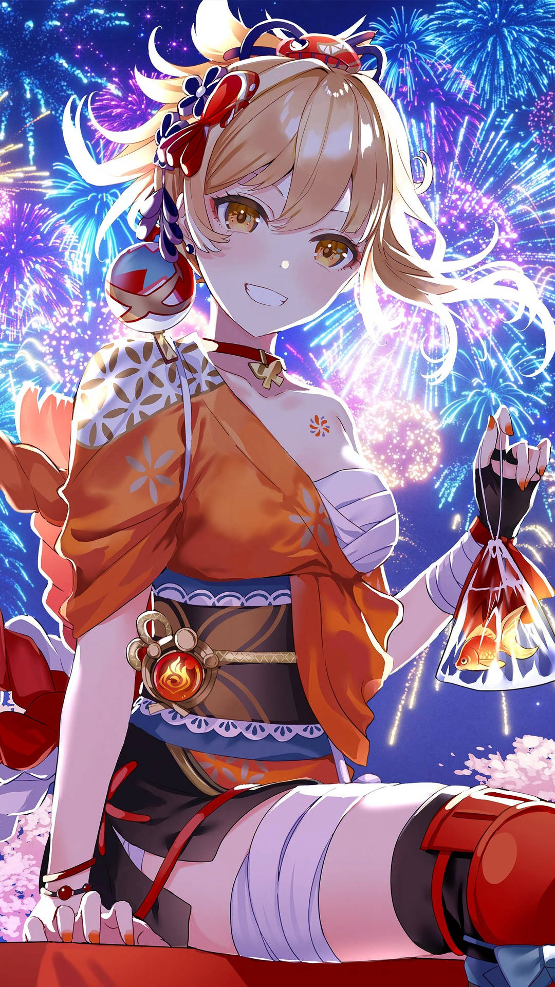 Yoimiya With Colorful Fireworks Background