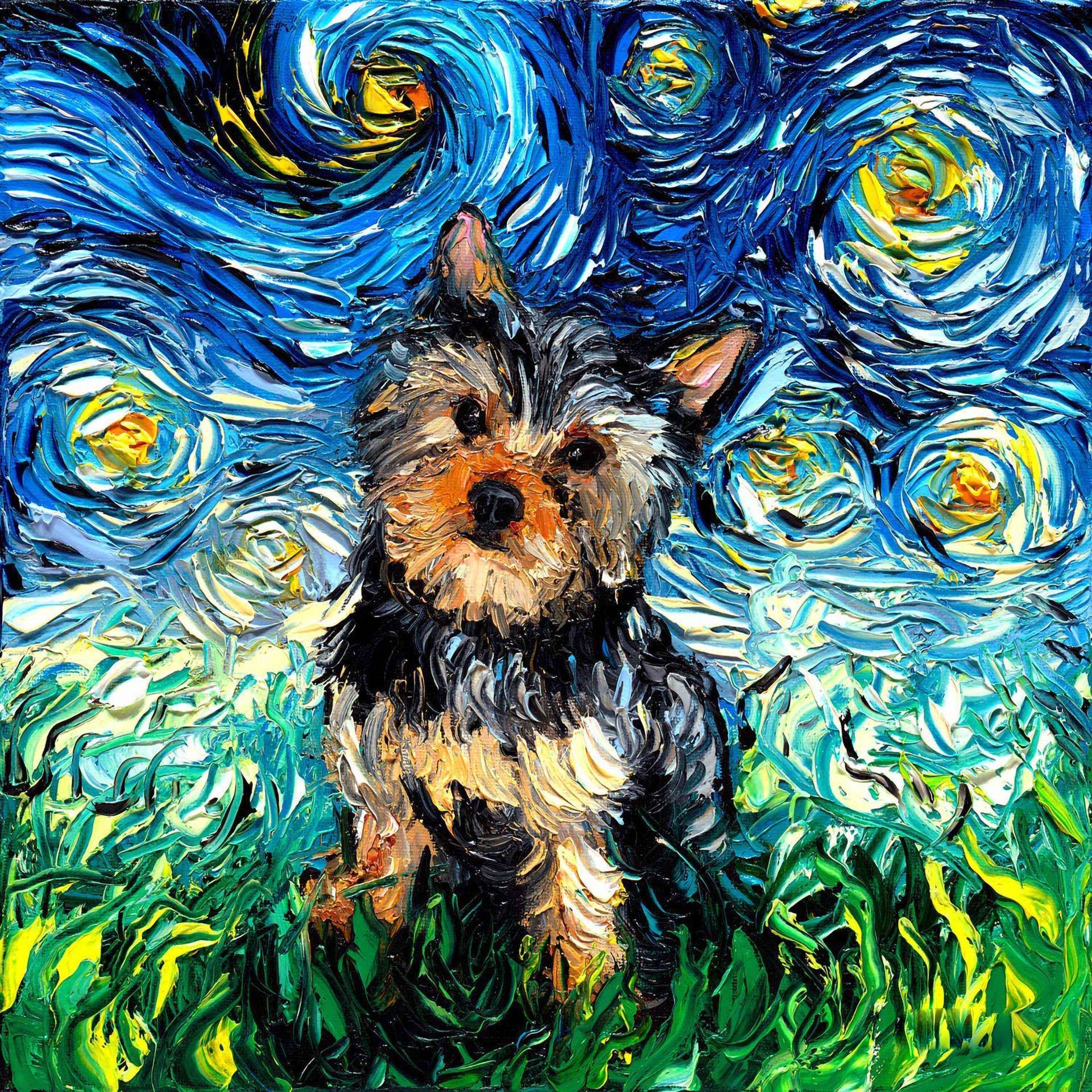 Yorkie Puppy Starry Night Painting Background