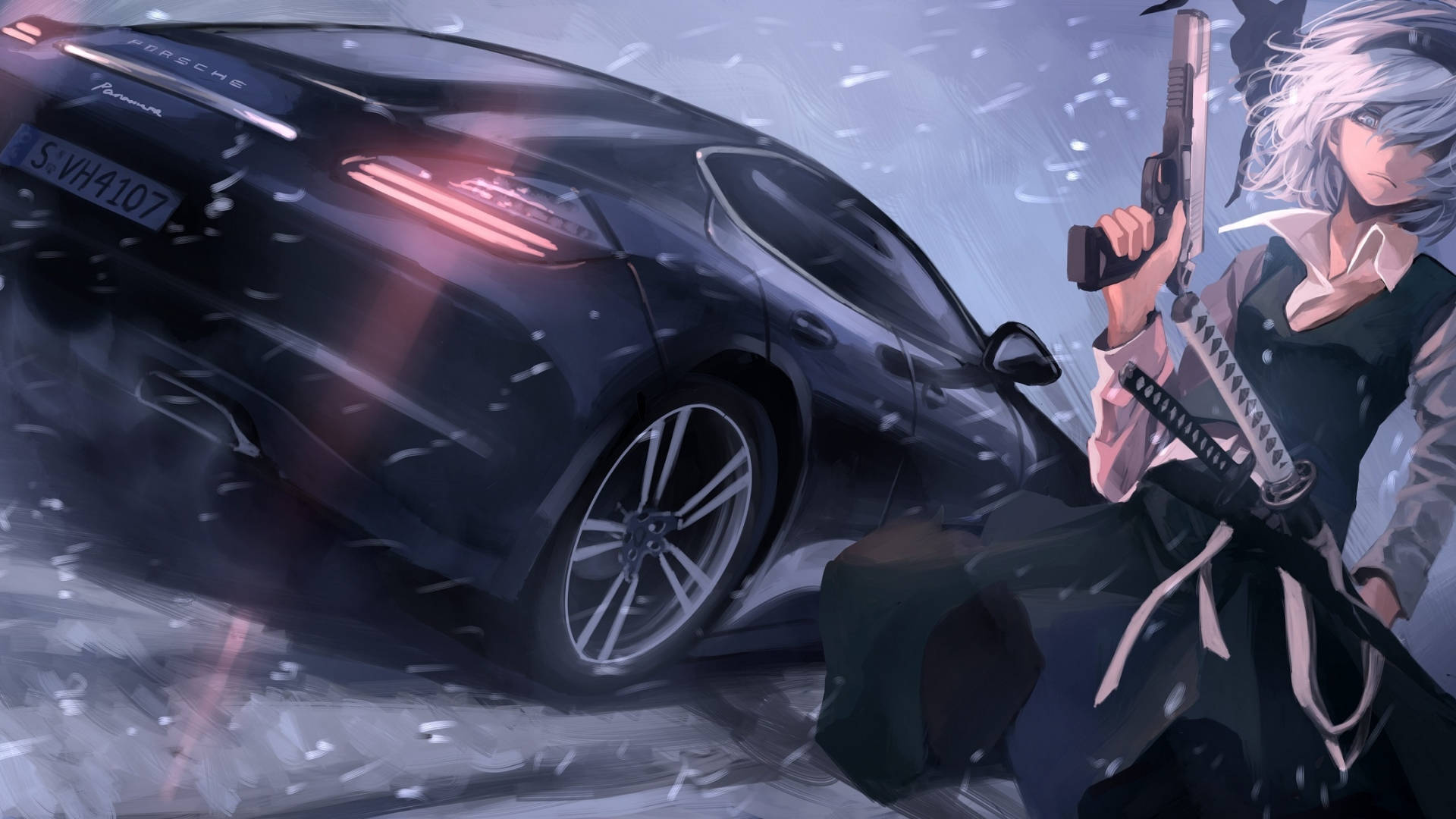 Youmu Konpaku Next To Car Anime Background