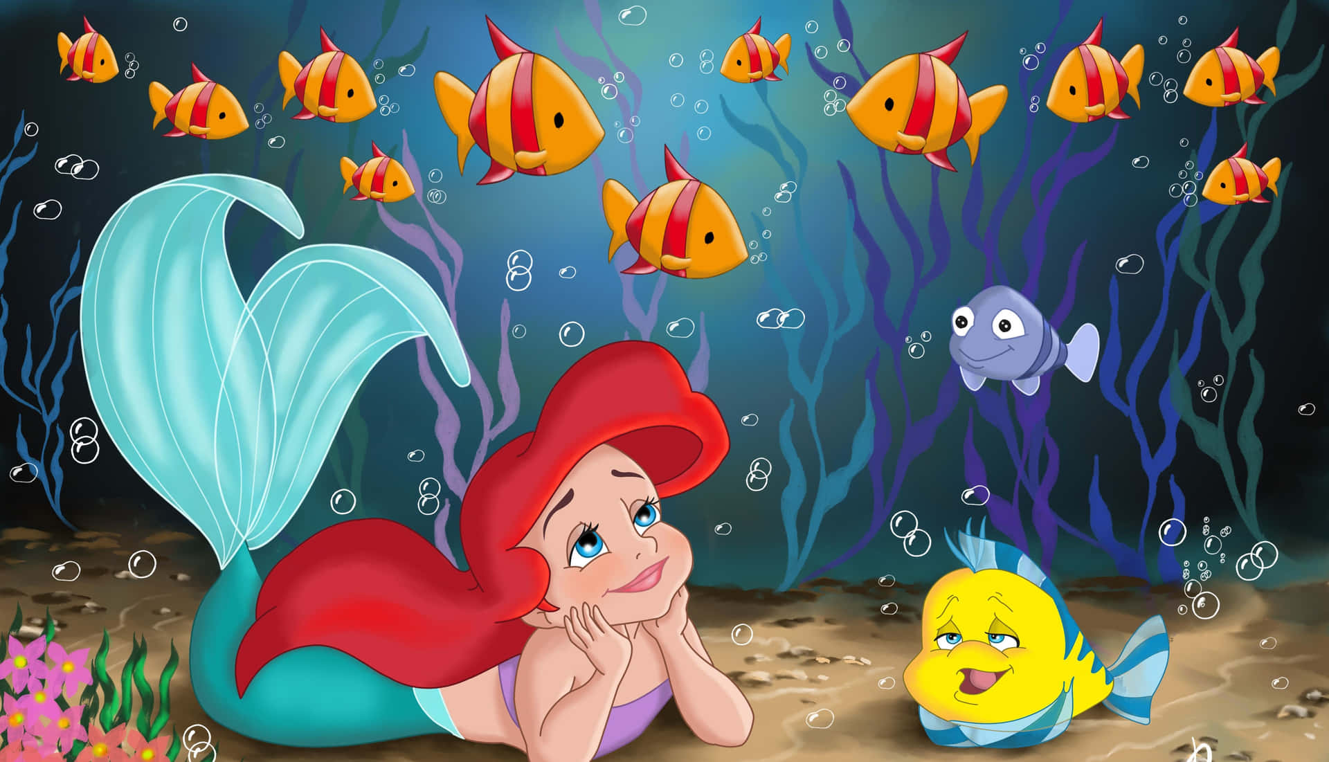 Young Ariel And Flounder From The Little Mermaid Background