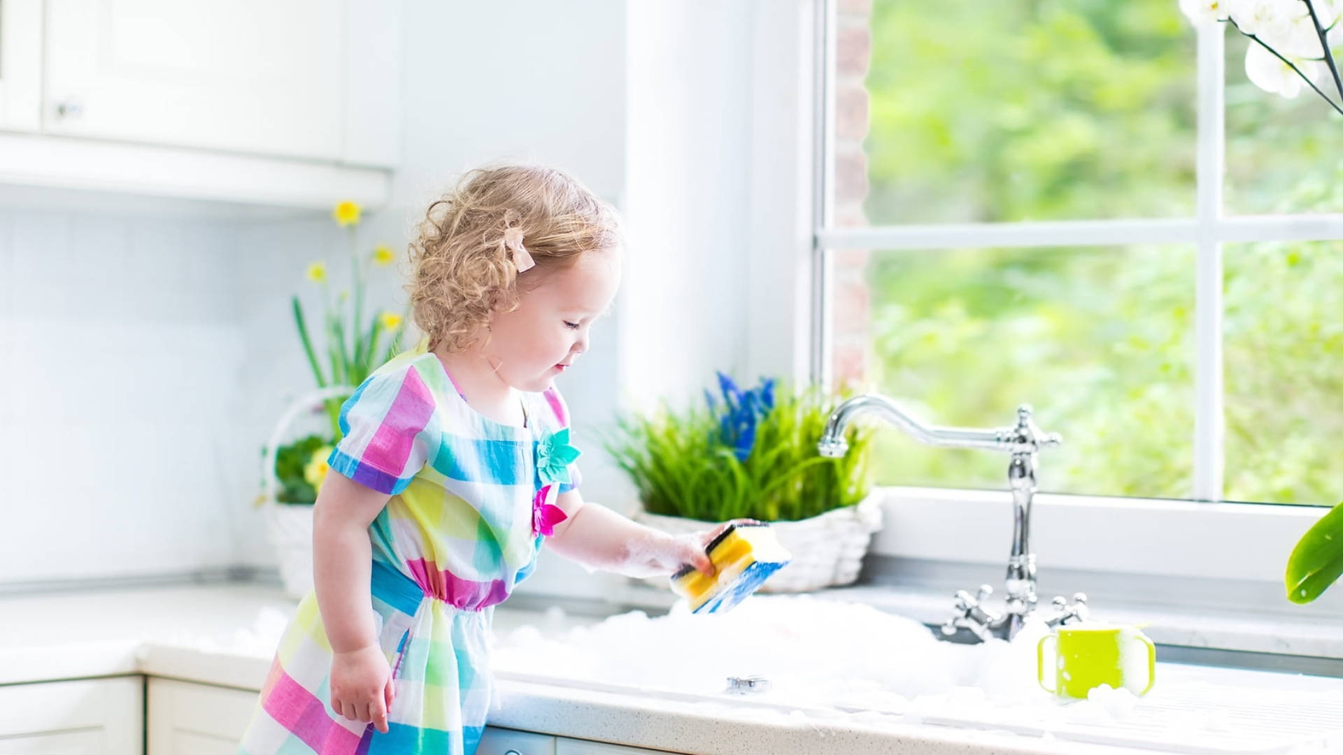 Young Child Engaged In House Cleaning Task Background