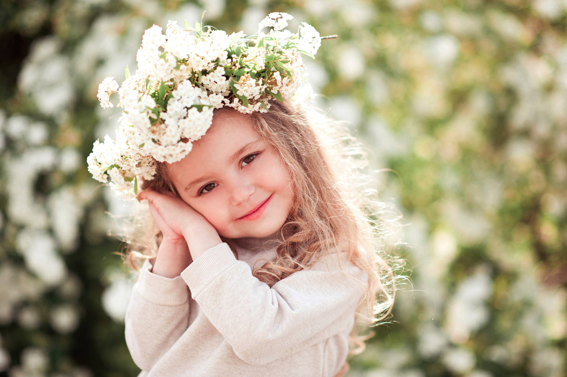 Young Cute Girl With White Floral Crown Background