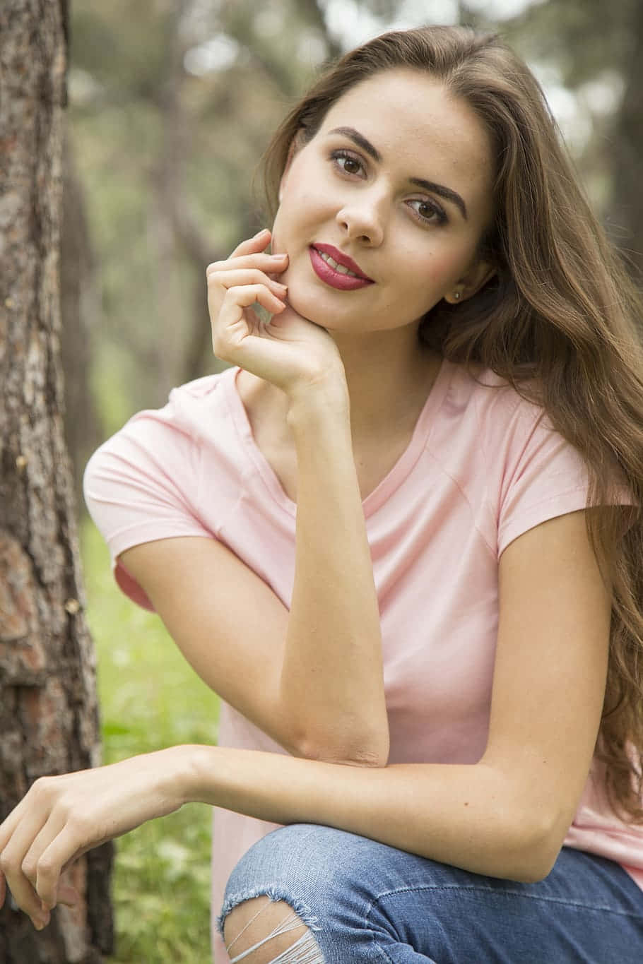 Young Female Model Pink Shirt