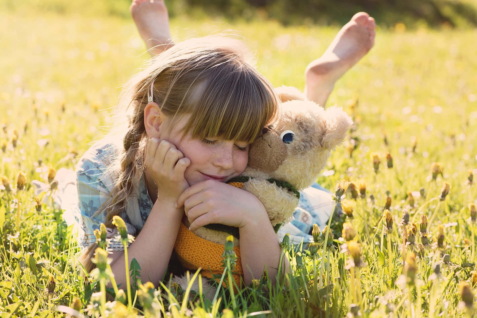 Young Girl Lying On A Flower Field Hugging Her Tangible Teddy Bear Background