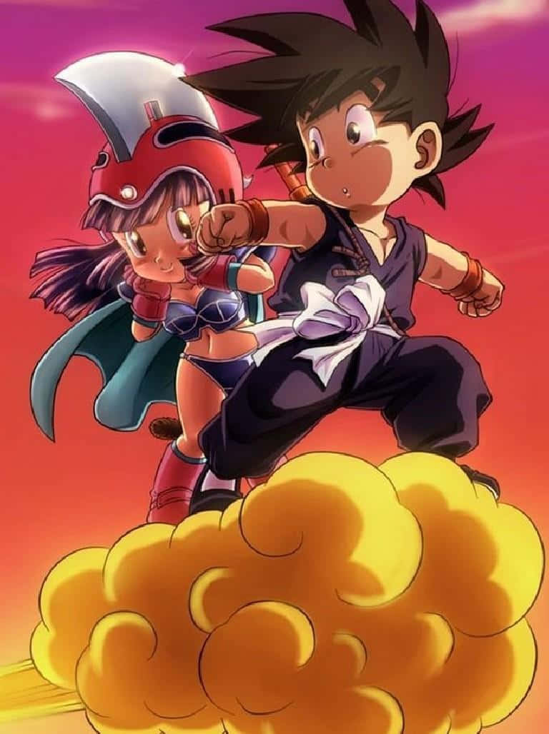 Young Goku And Chichi On Flying Nimbus Background