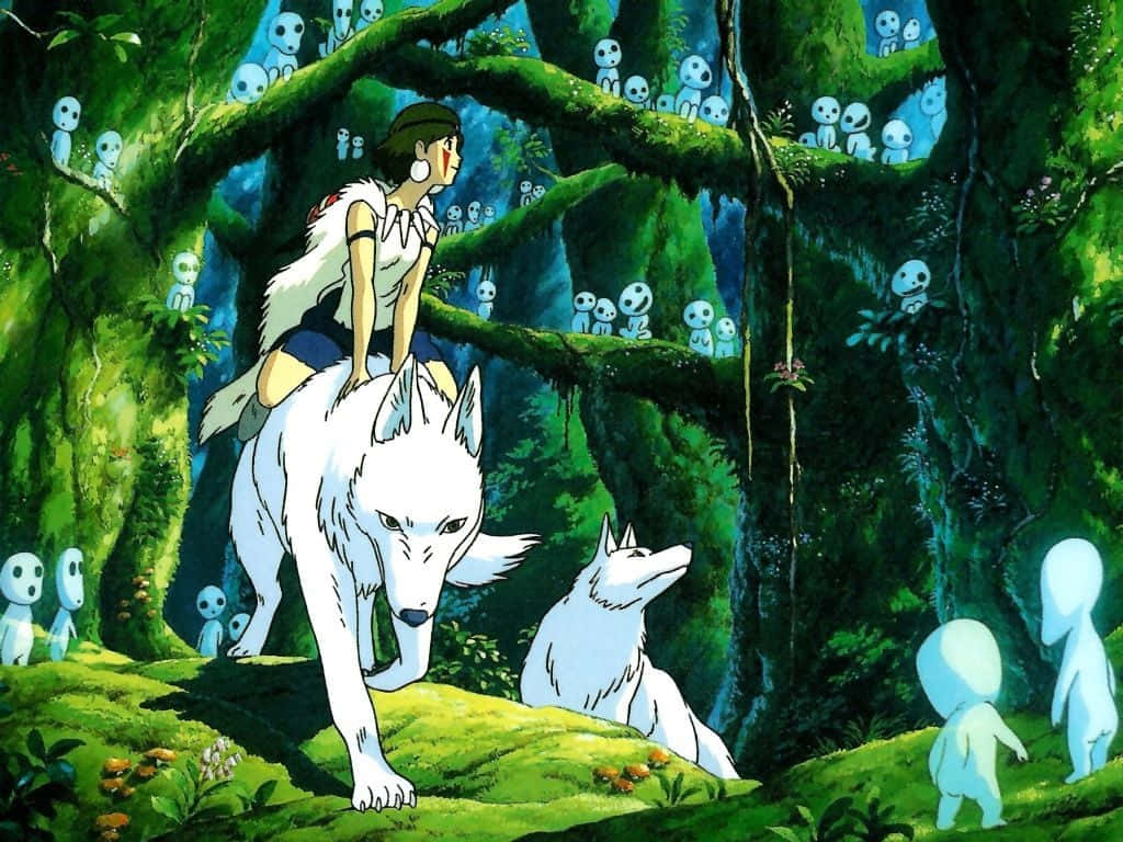 Young Mononoke And San Meet The Forest Spirit In Studio Ghibli’s “princess Mononoke” Background