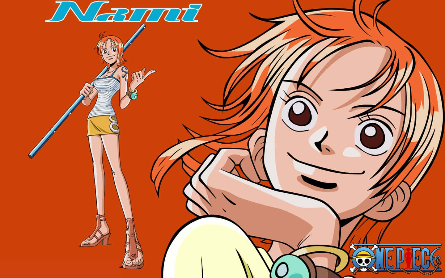 Young Nami One Piece Against Dark Orange Backdrop