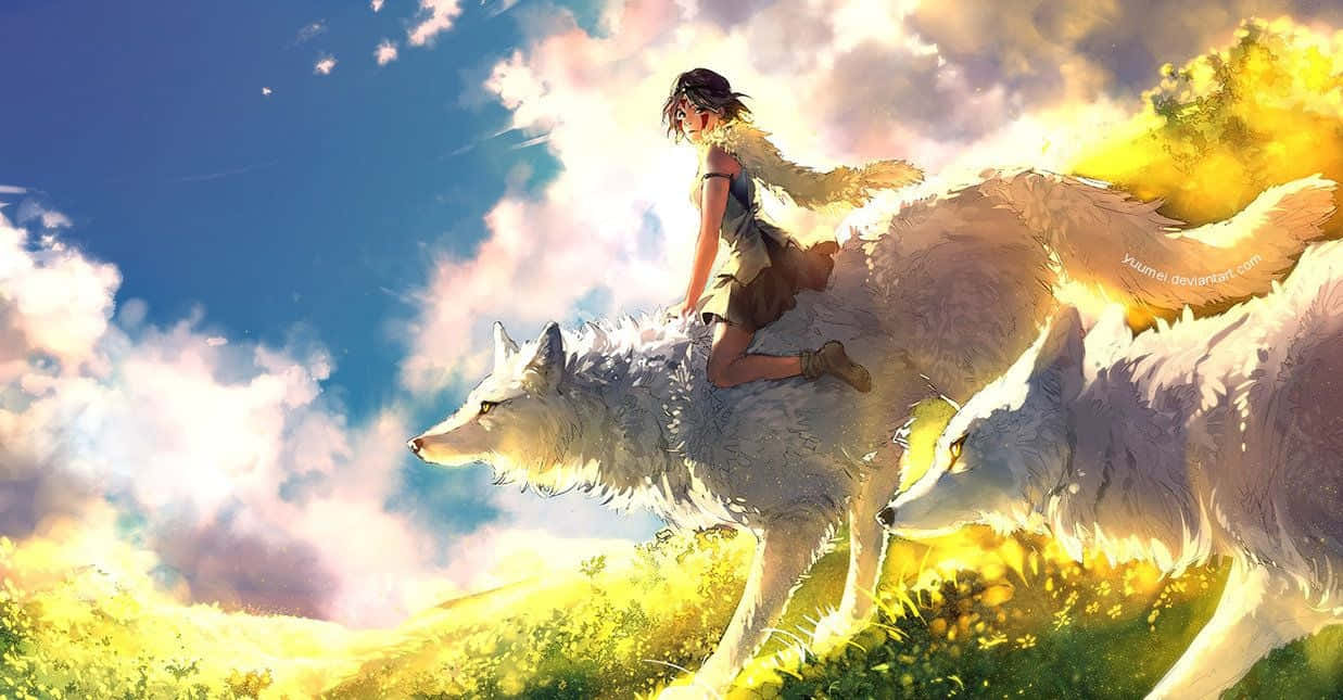 'young San And Ashitaka Riding Yakul In Princess Mononoke' Background