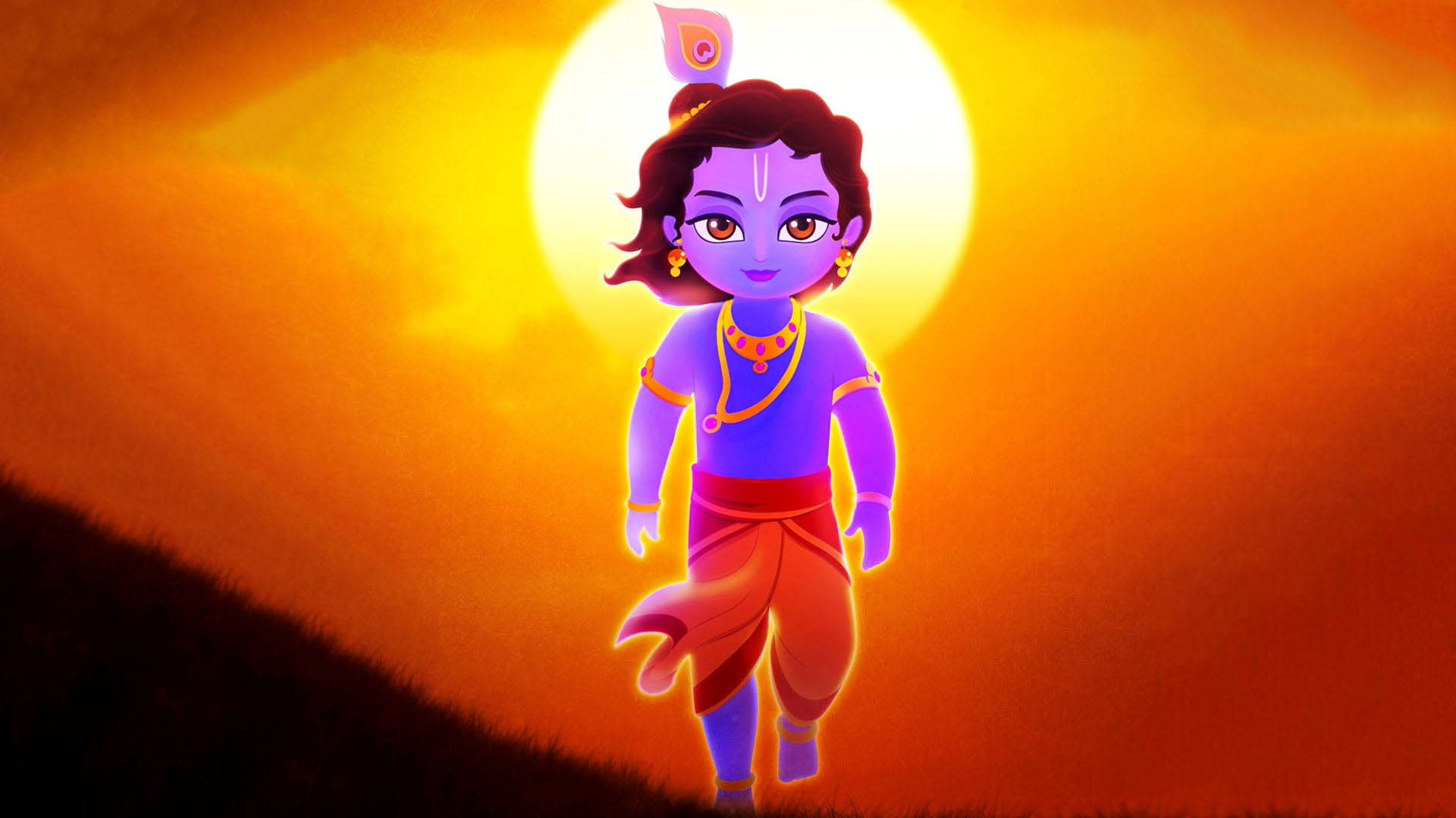 Young Shri Krishna Against Sunset Background