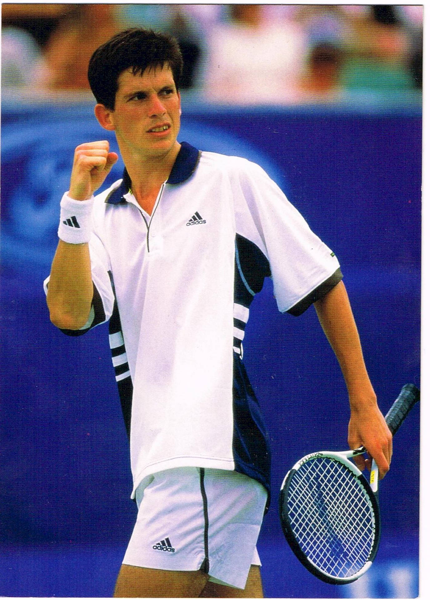 Young Tim Henman Celebrating A Victory On Tennis Court Background