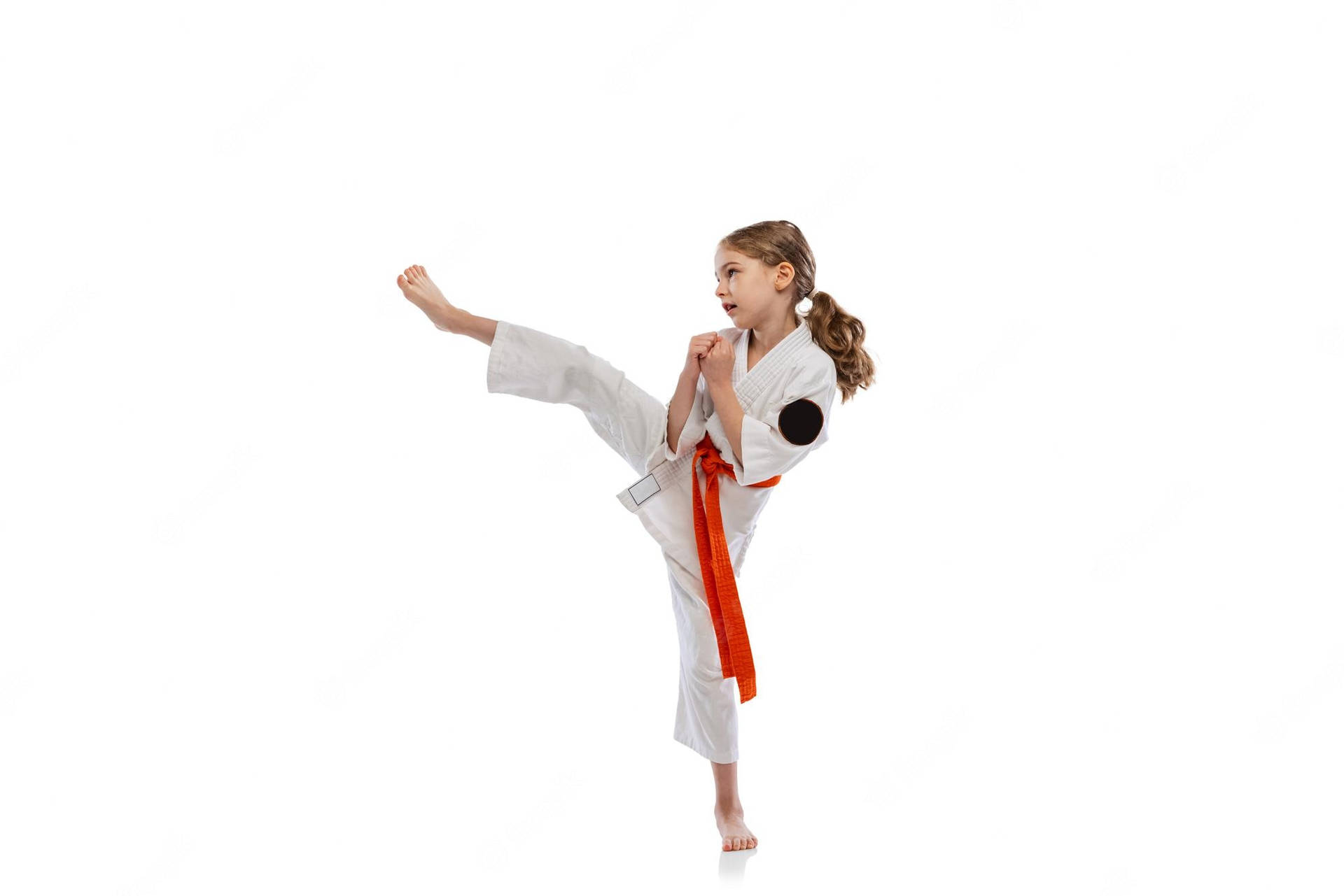 Young Women Executing A Side Kick In Taekwondo