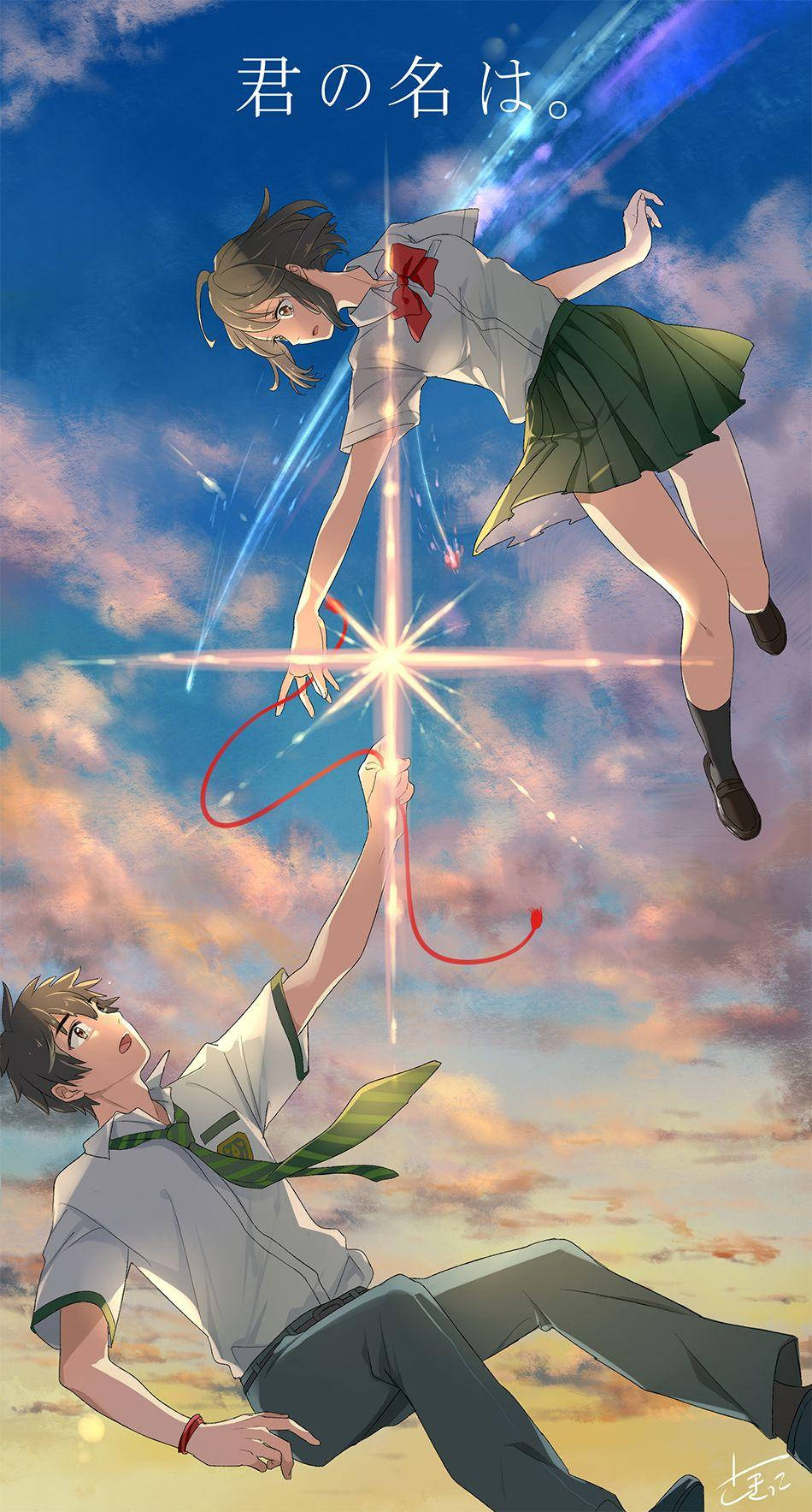 Your Name Anime Taki And Mitsuha Falling Background