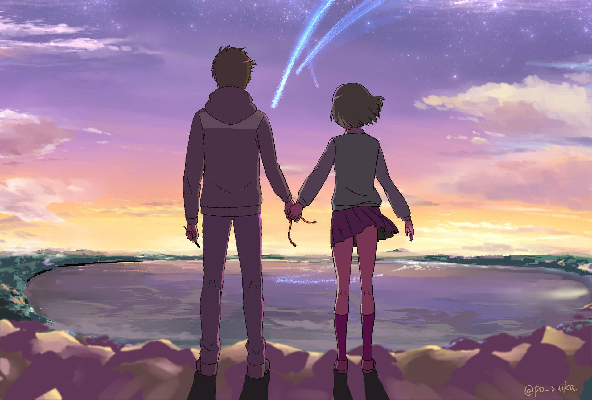 Your Name Mitsuha And Taki Holding Hands Anime