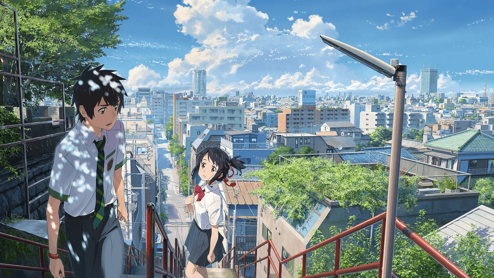 Your Name Mitsuha And Taki On The Staircase Background