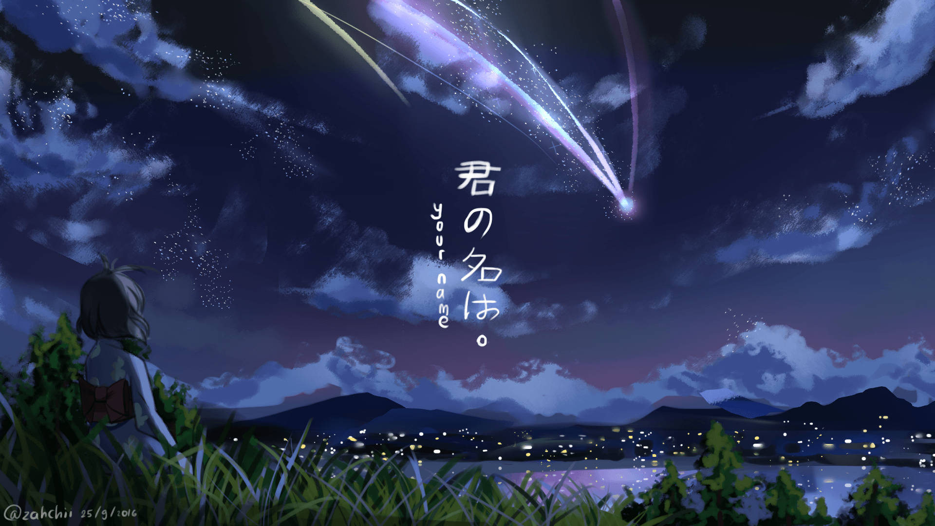 Your Name Mitsuha Sitting At Night Background