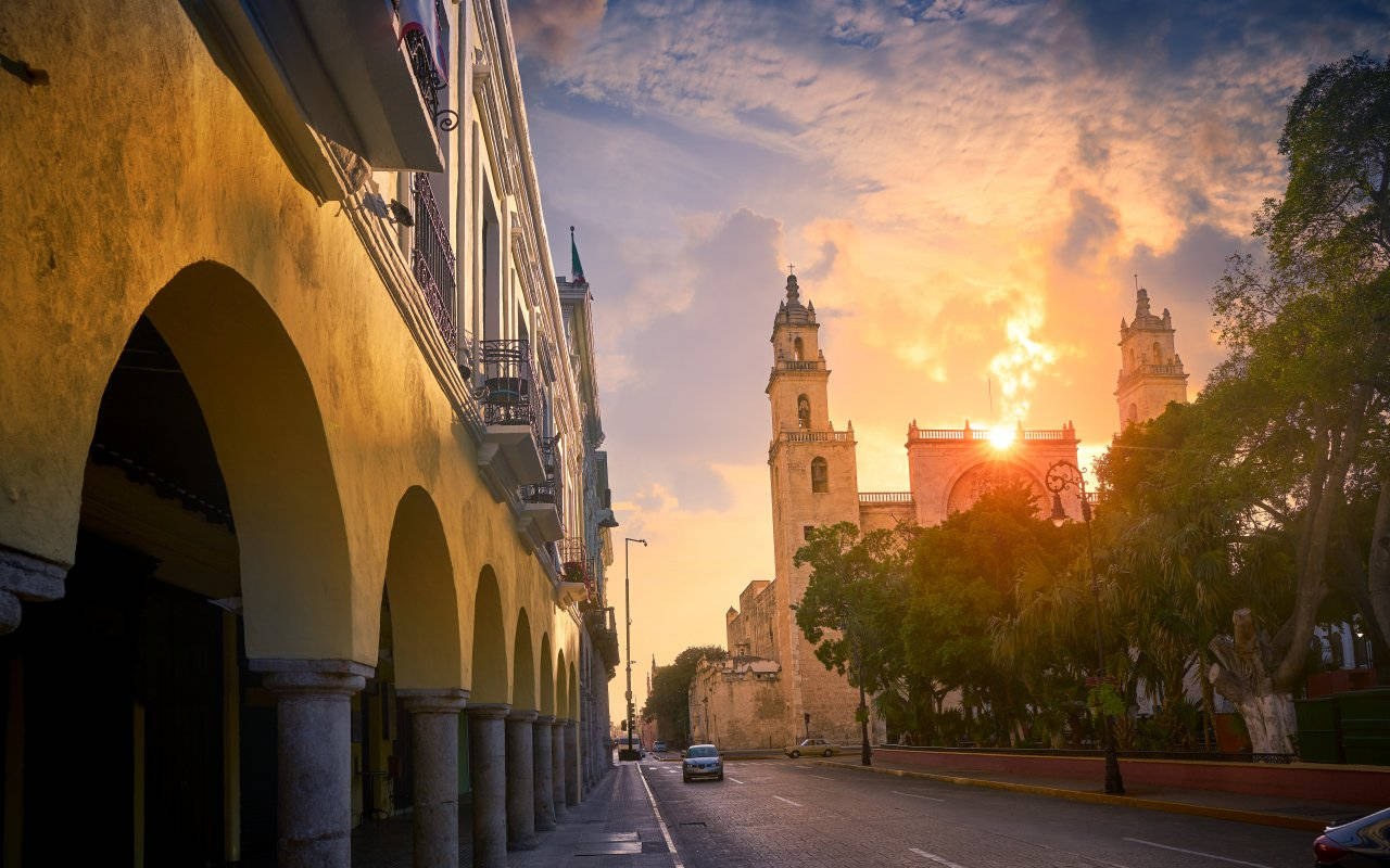 Yucatan Merida Cathedral Sunset Background