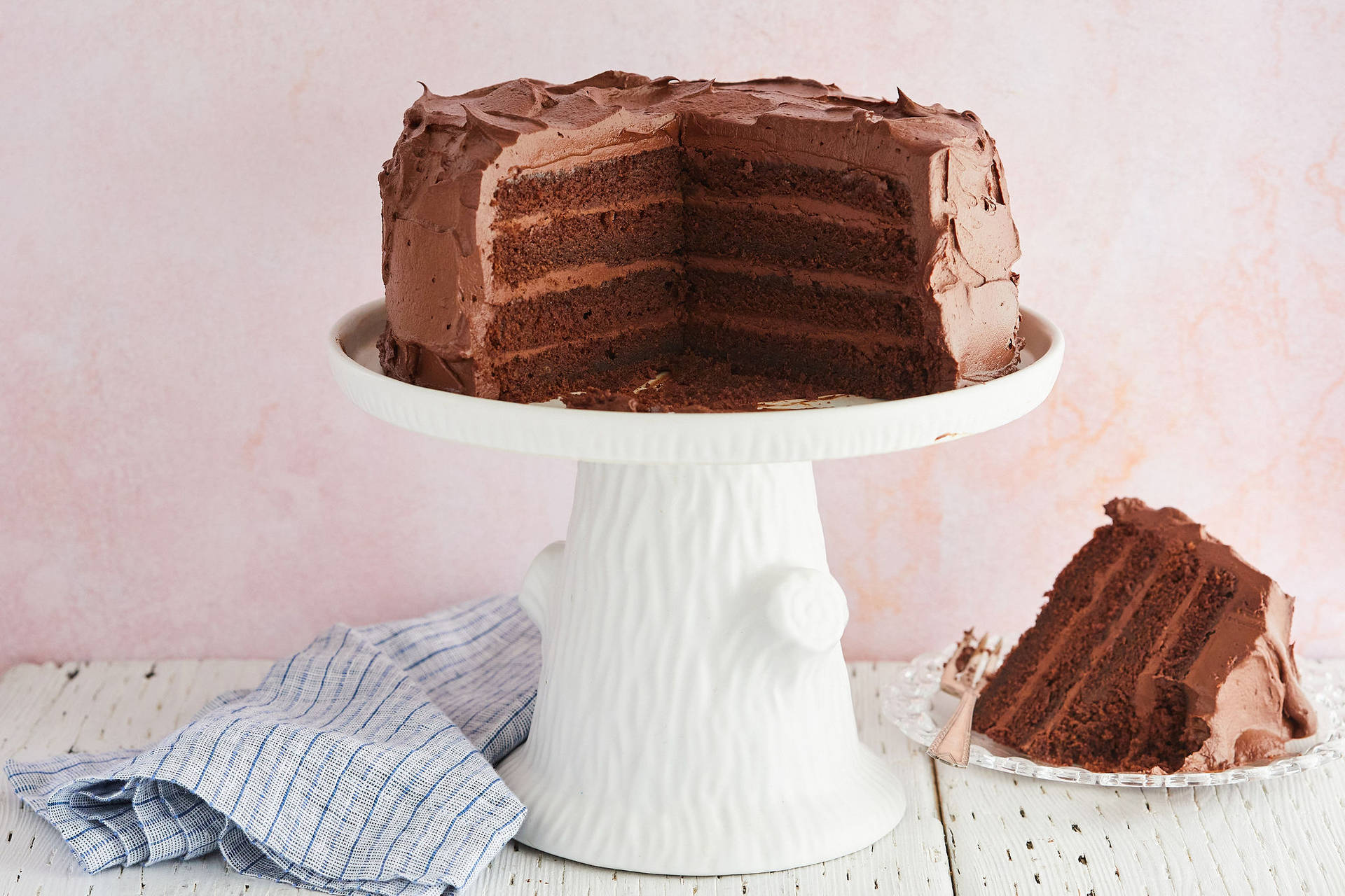 Yummy Chocolate Cake On A Tall Stand Background