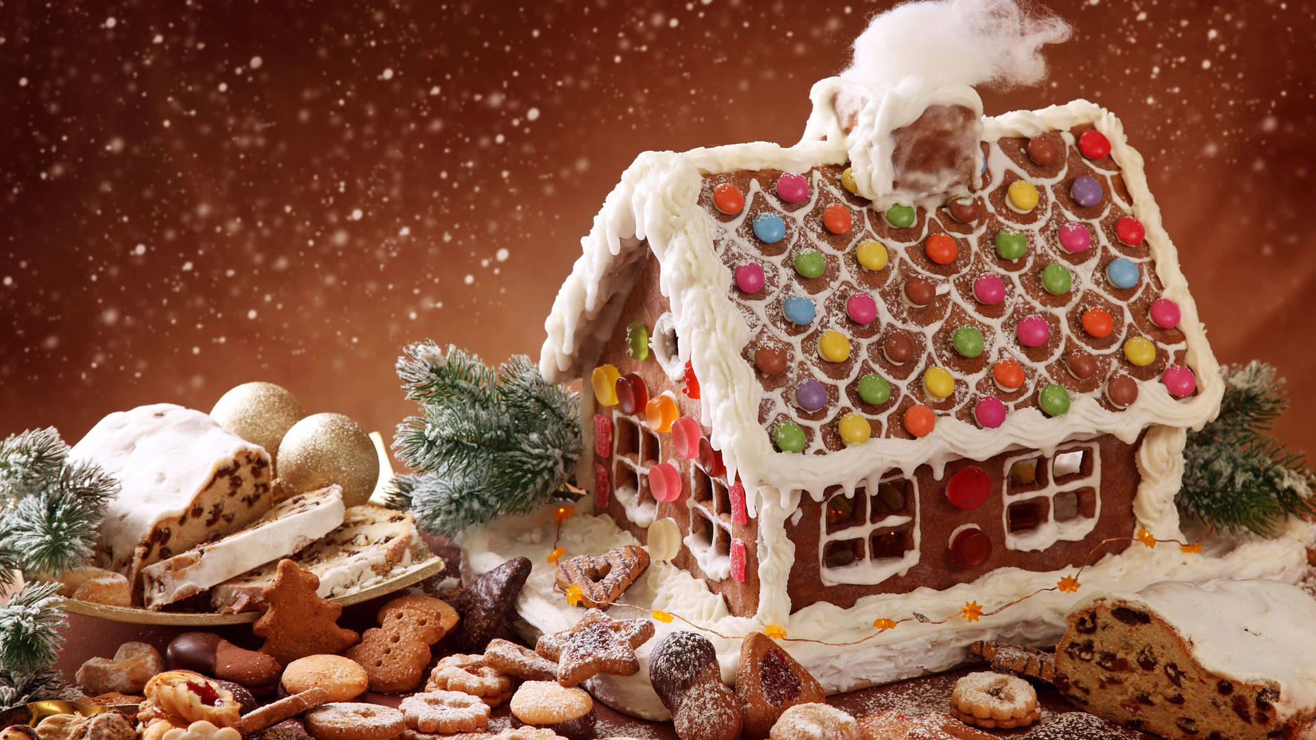 Yummy Gingerbread House And Cookies Background