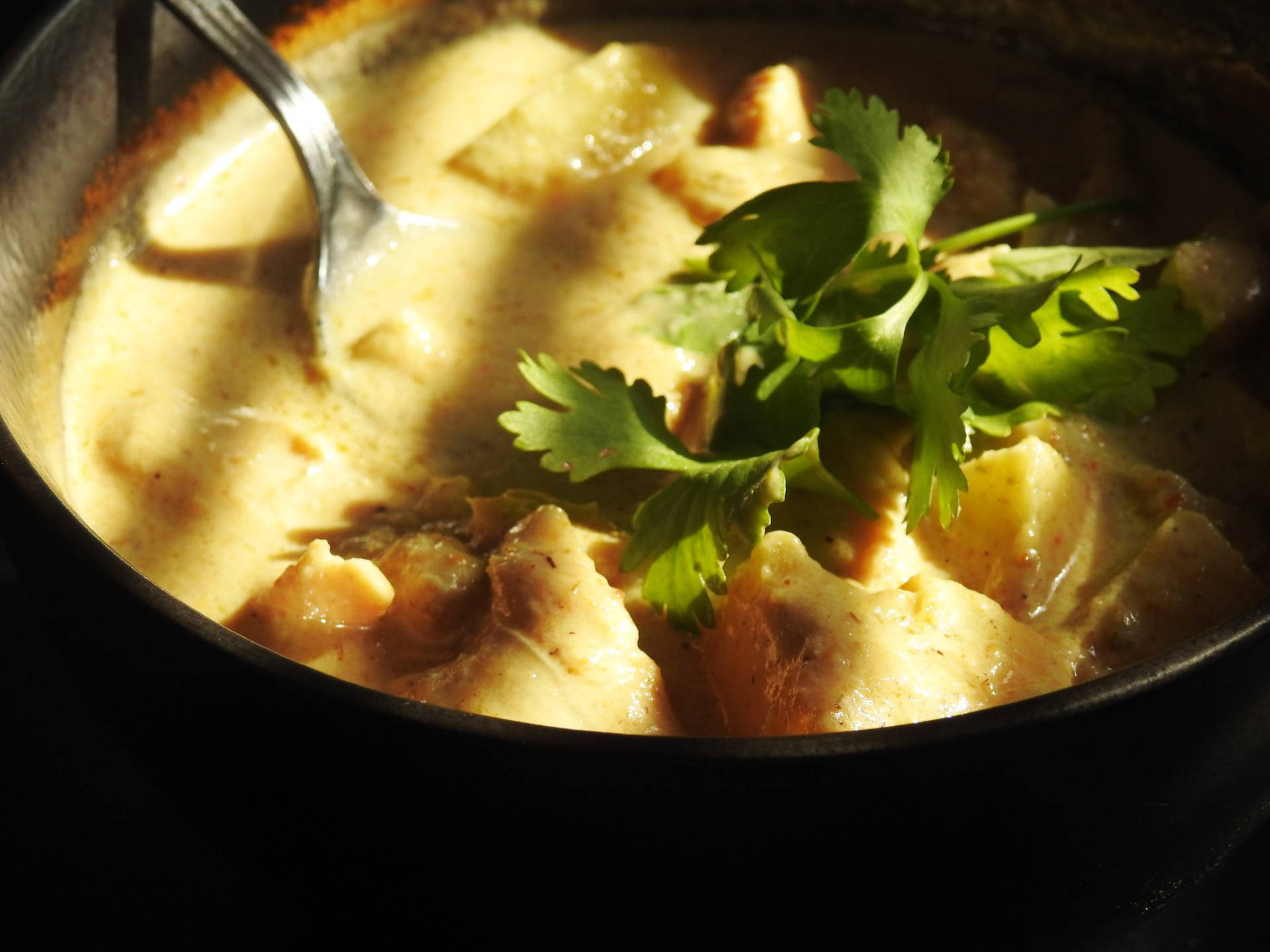 Yummy Thai Yellow Curry Garnished With Fresh Coriander Leaves. Background