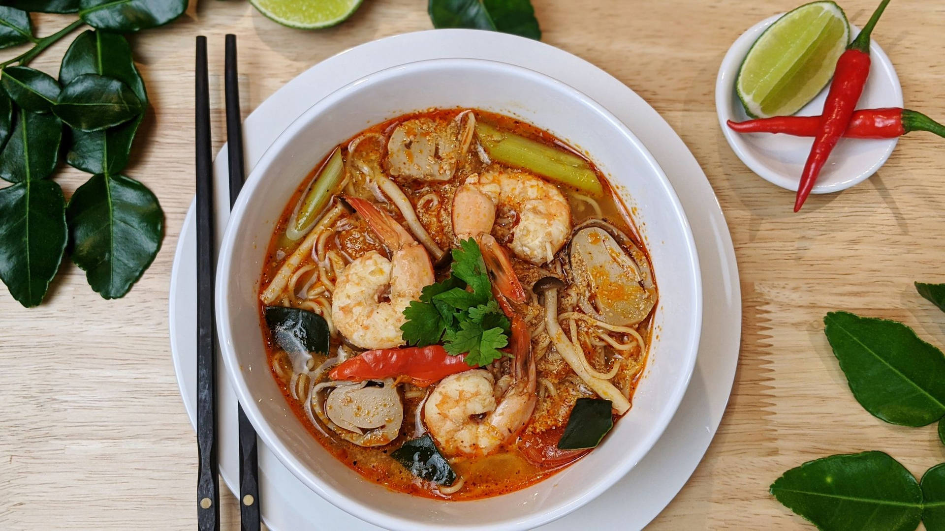 Yummy Tom Yum Noodle Soup Background