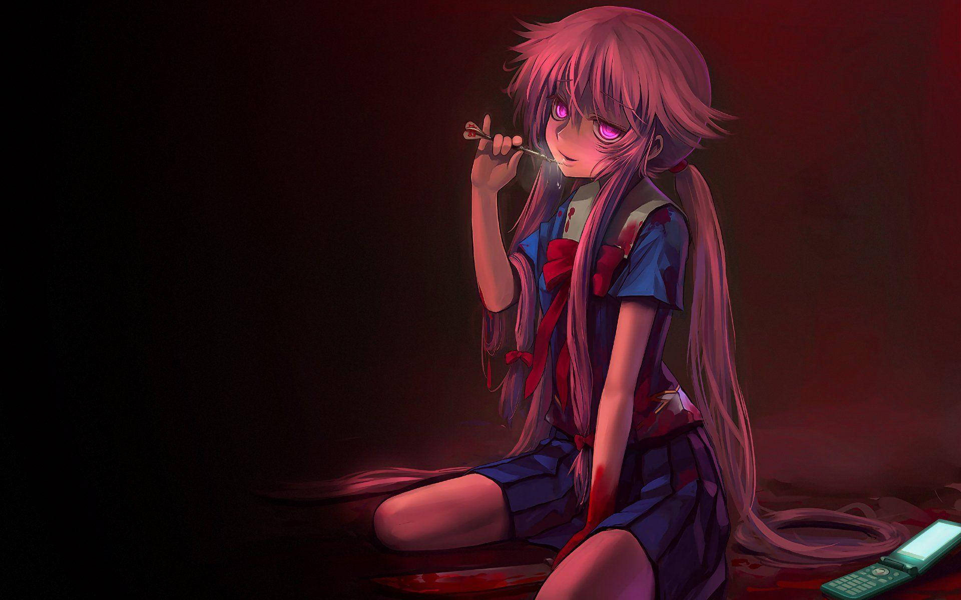 Yuno From Future Diary With Glowing Eyes In The Dark Background