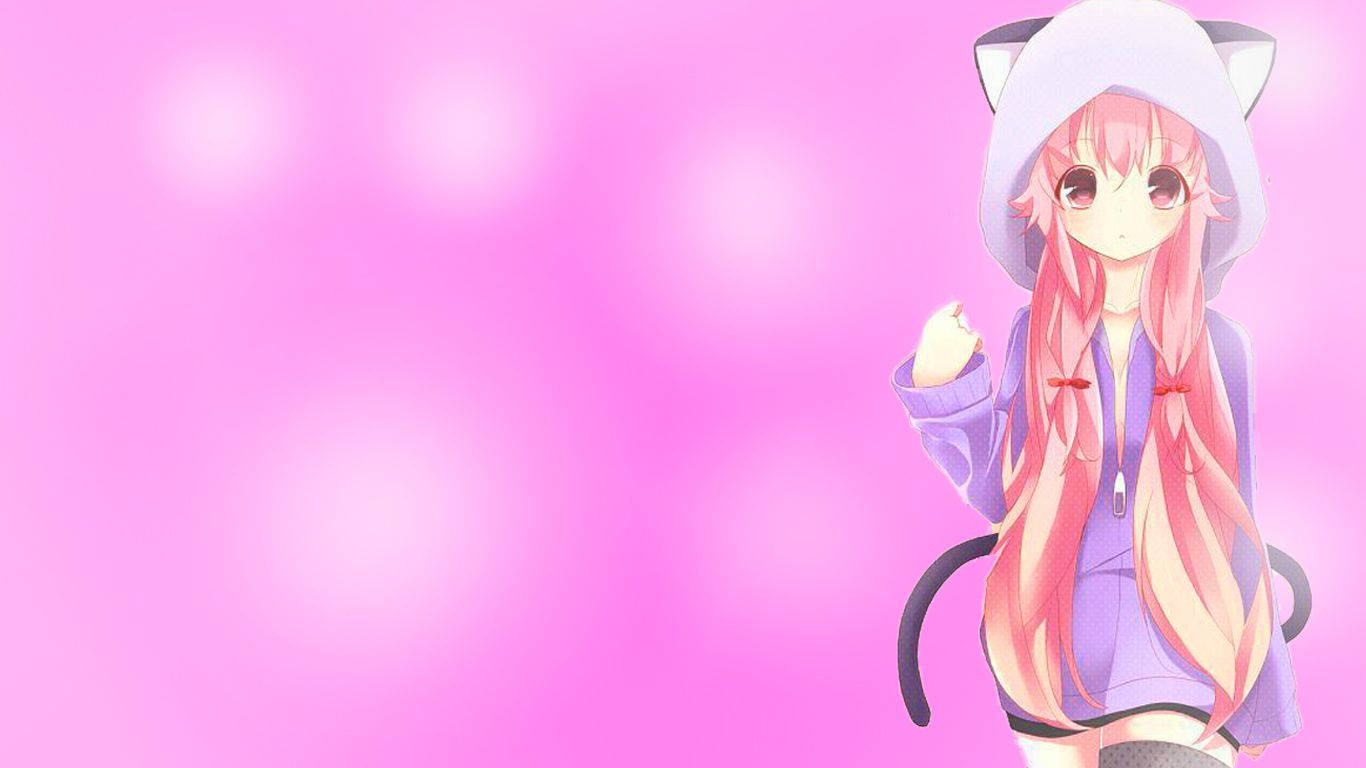 Yuno Gasai With Hoodie On Kawaii Pink Background Background