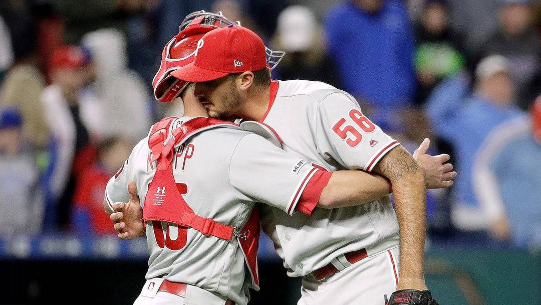 Zach Eflin Hugging Catcher Background